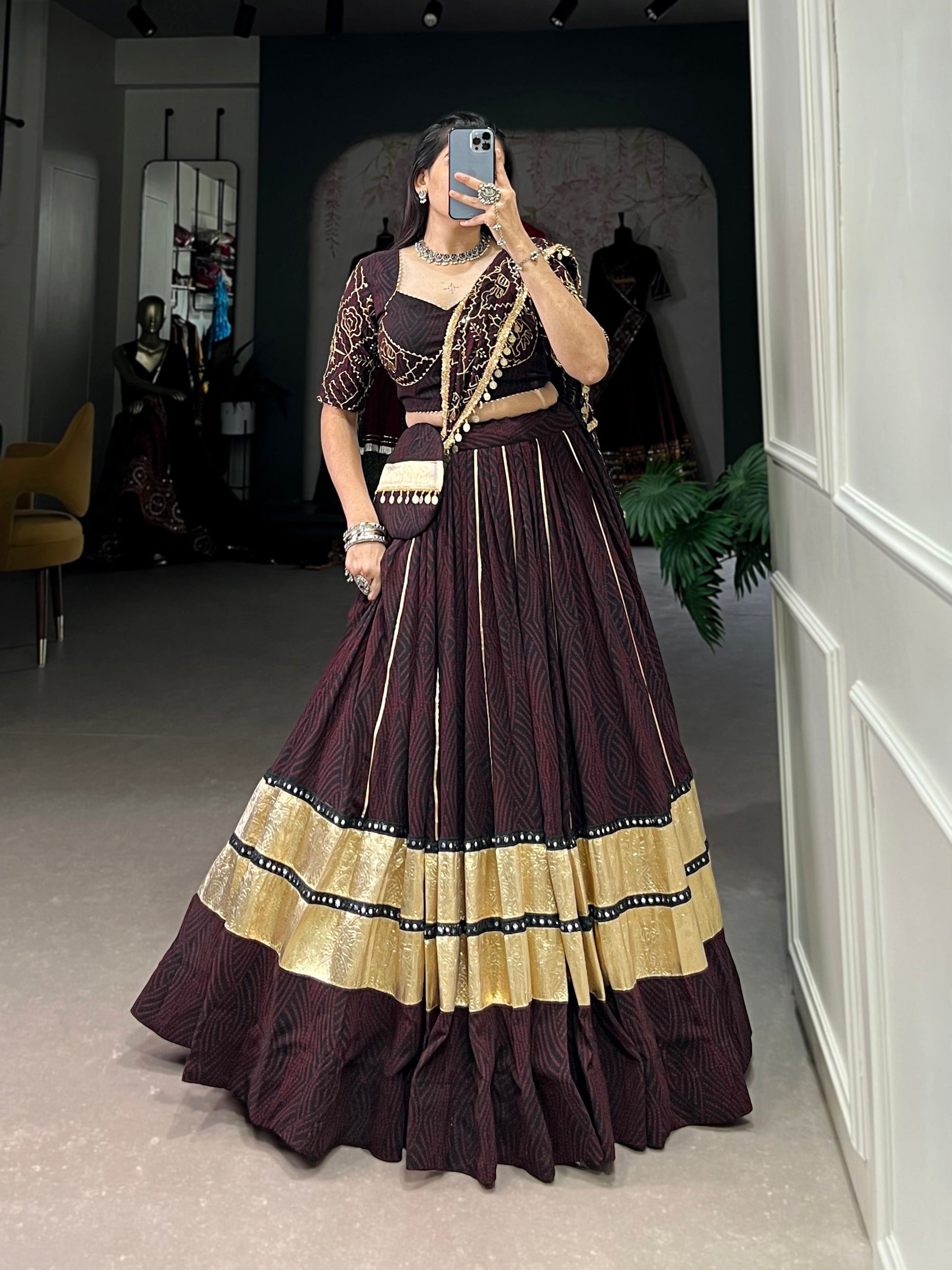 Lorenvalley Fashion Black and Maroon Georgette Bandhej Print And Embossed Design Lace With Paper Mirror Lace And Gota Patti Touch Up Lehenga Choli with Dupatta | Swadesiicart