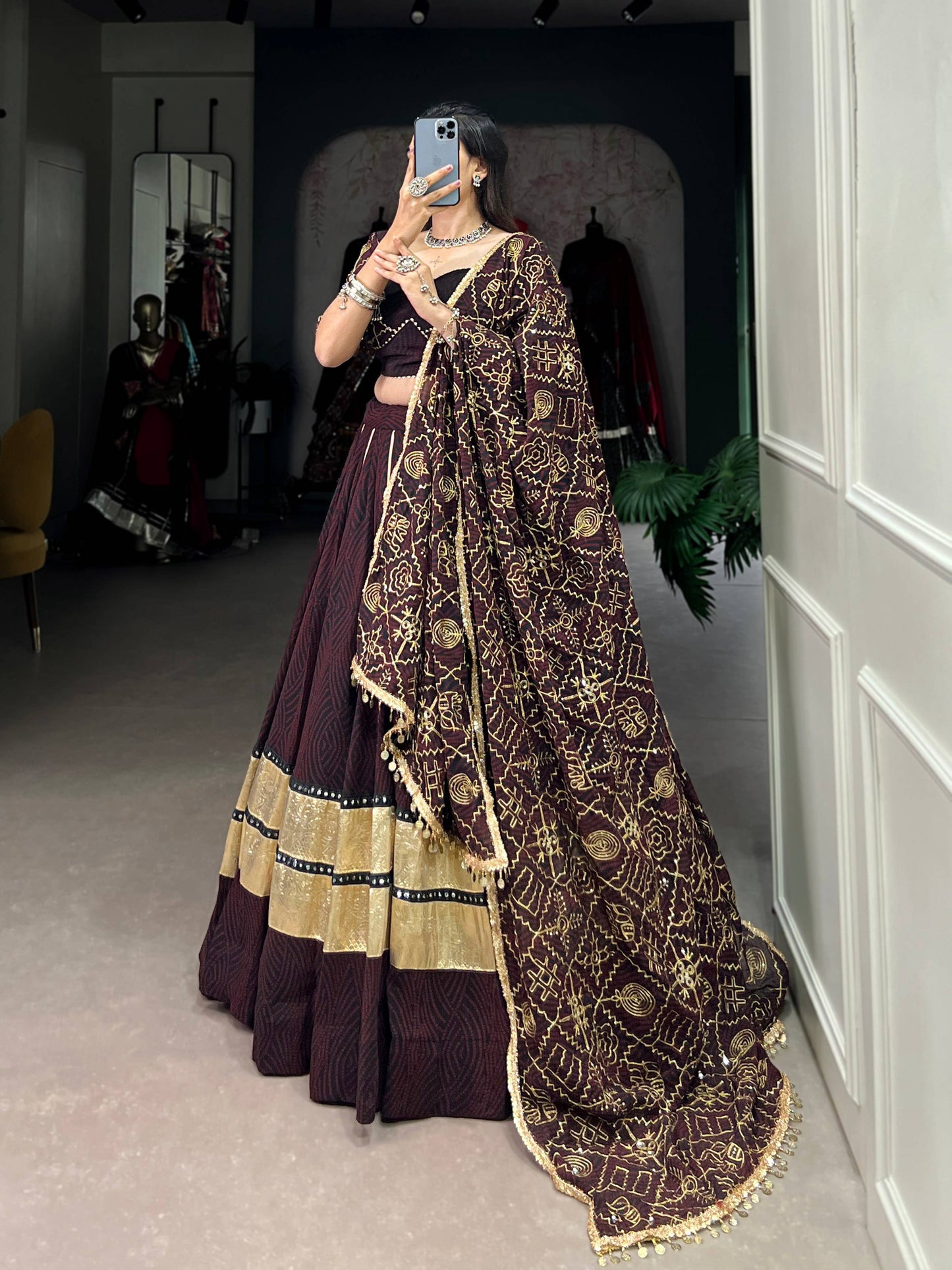 Lorenvalley Fashion Black and Maroon Georgette Bandhej Print And Embossed Design Lace With Paper Mirror Lace And Gota Patti Touch Up Lehenga Choli with Dupatta | Swadesiicart