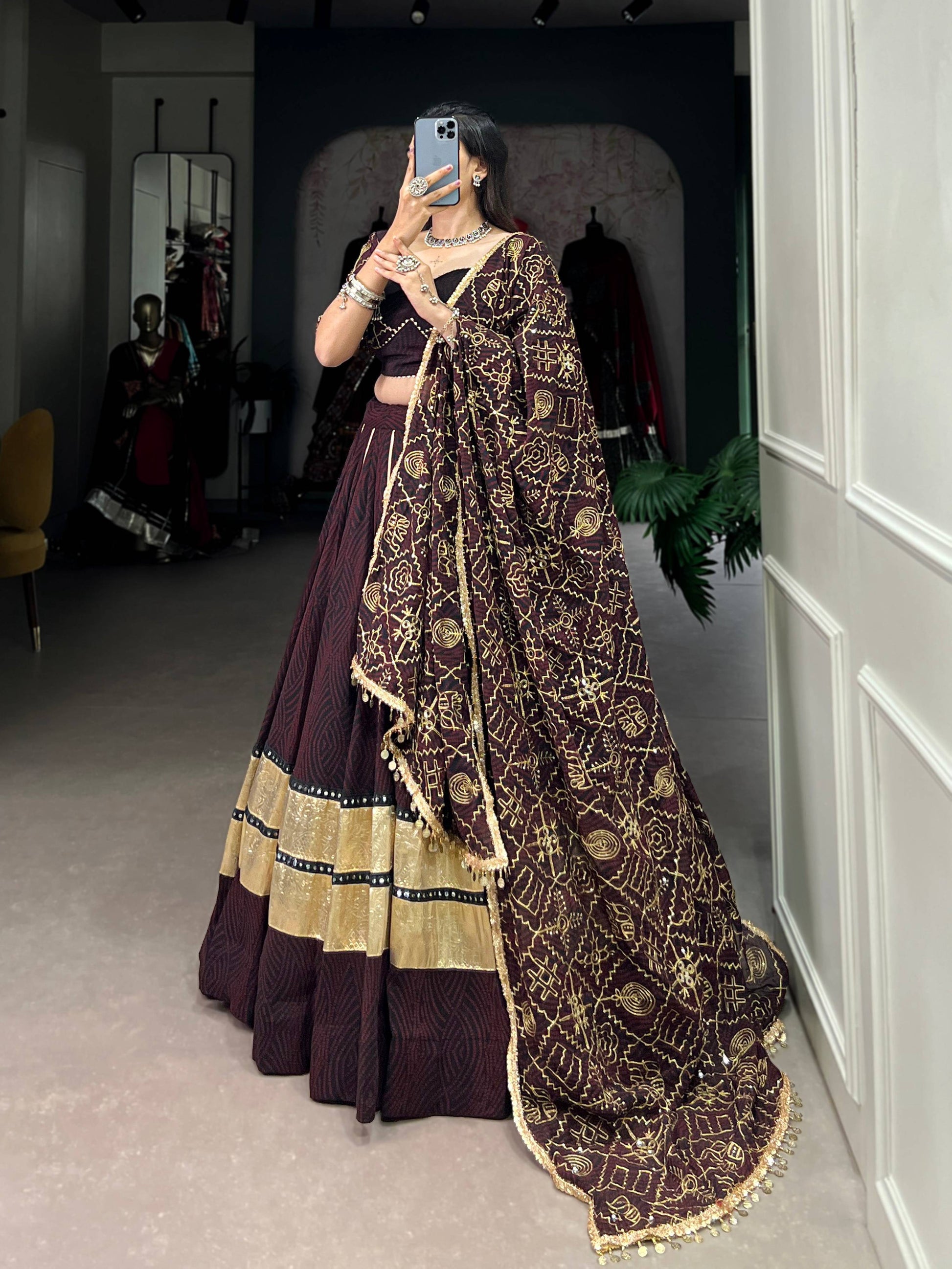 Lorenvalley Fashion Black and Maroon Georgette Bandhej Print And Embossed Design Lace With Paper Mirror Lace And Gota Patti Touch Up Lehenga Choli with Dupatta | Swadesiicart