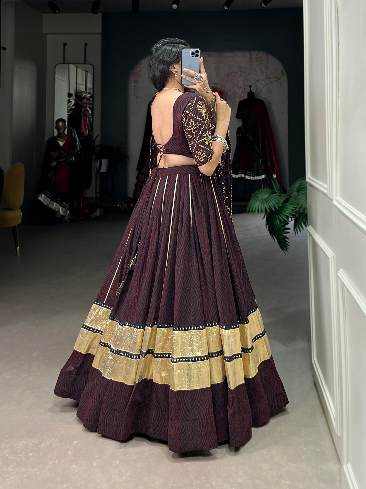 Lorenvalley Fashion Black and Maroon Georgette Bandhej Print And Embossed Design Lace With Paper Mirror Lace And Gota Patti Touch Up Lehenga Choli with Dupatta | Swadesiicart