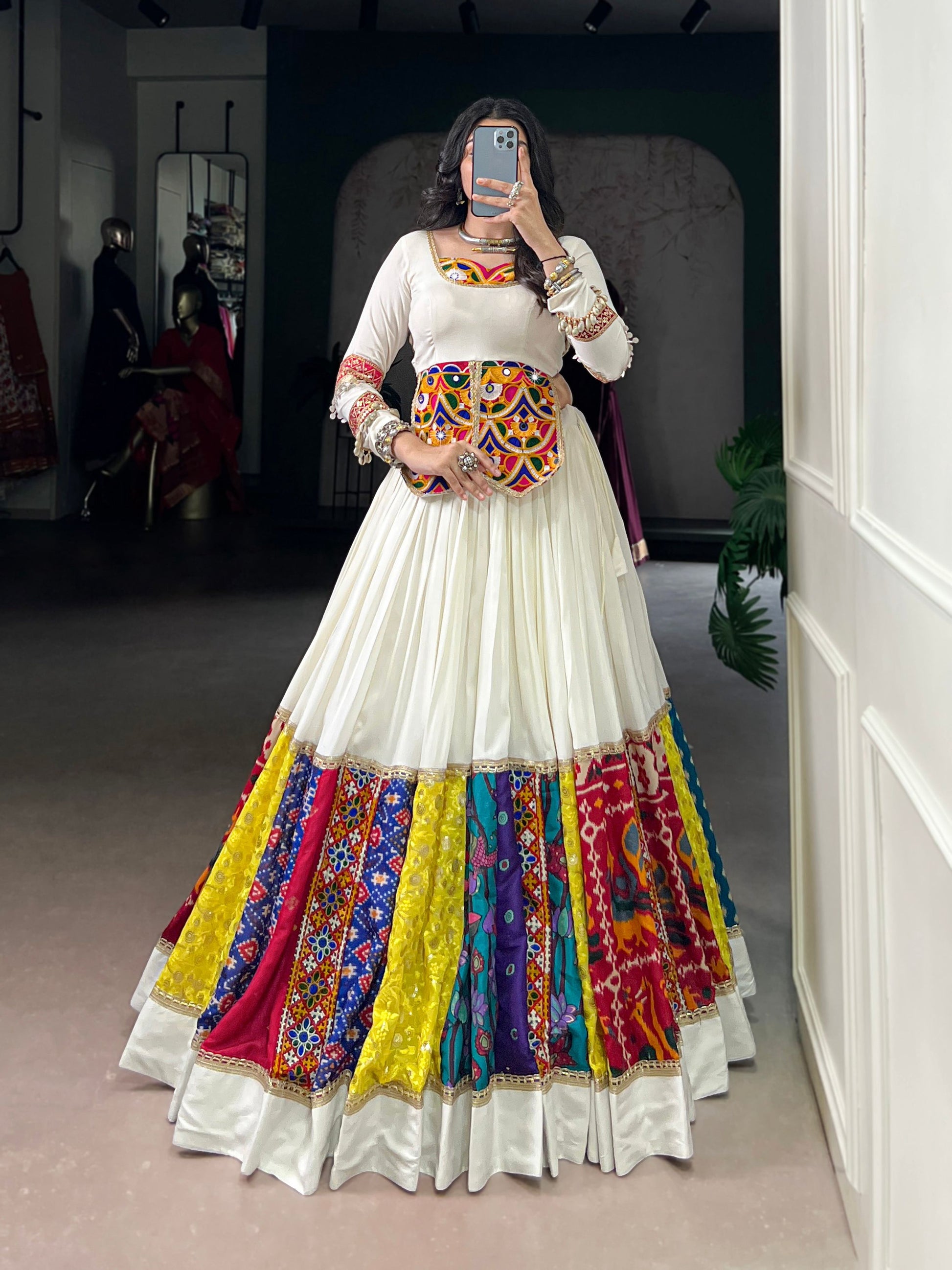Lorenvalley Fashion White Pure Rayon Multi Colour Patch With Lace Touch Up Lehenga Choli - Swadesiicart