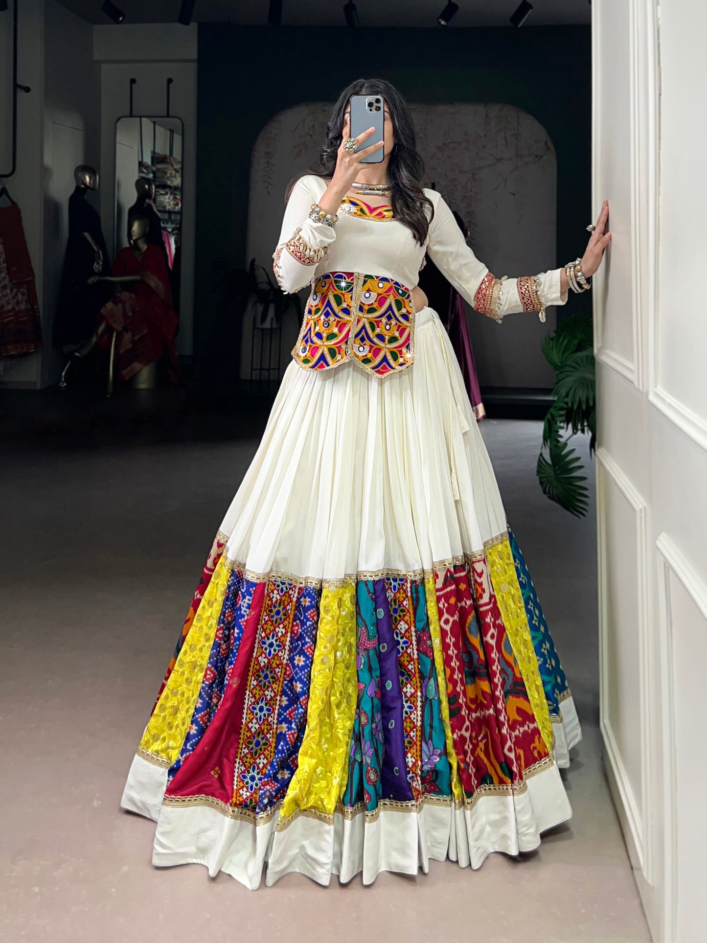 Lorenvalley Fashion White Pure Rayon Multi Colour Patch With Lace Touch Up Lehenga Choli - Swadesiicart