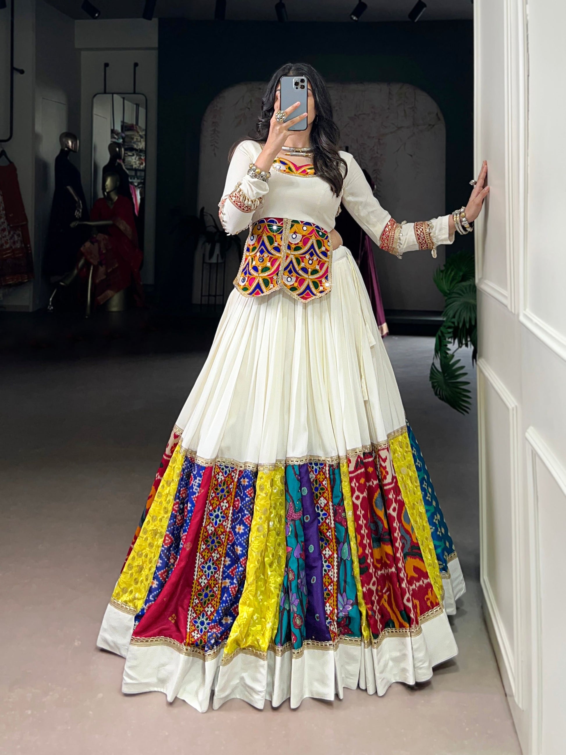 Lorenvalley Fashion White Pure Rayon Multi Colour Patch With Lace Touch Up Lehenga Choli - Swadesiicart