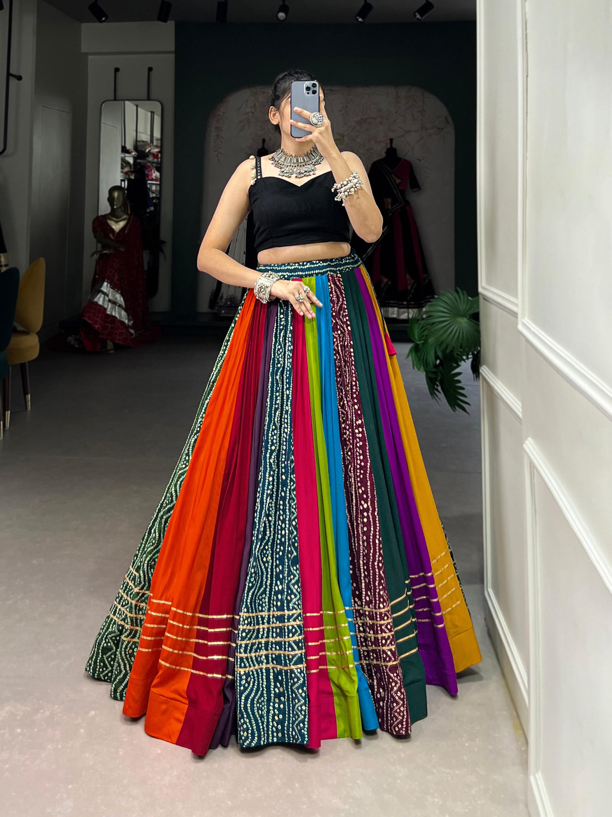 Lorenvalley Fashion Multicolor Pure Rayon Printed With Gota Patti Touch Up Lehenga Choli | Swadesiicart
