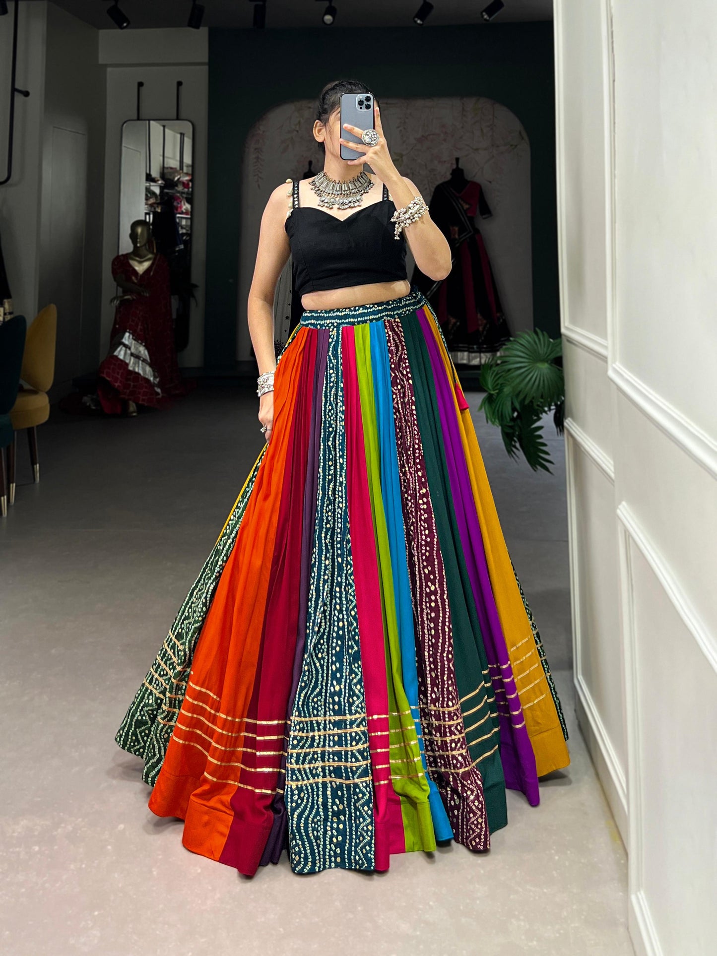 Lorenvalley Fashion Multicolor Pure Rayon Printed With Gota Patti Touch Up Lehenga Choli | Swadesiicart