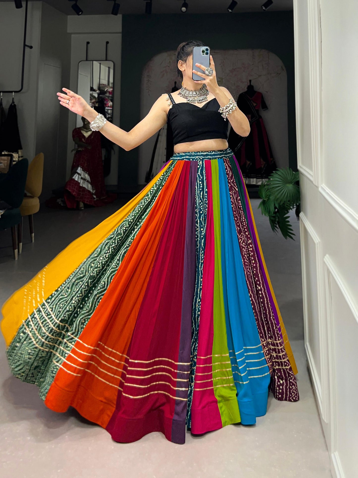 Lorenvalley Fashion Multicolor Pure Rayon Printed With Gota Patti Touch Up Lehenga Choli | Swadesiicart