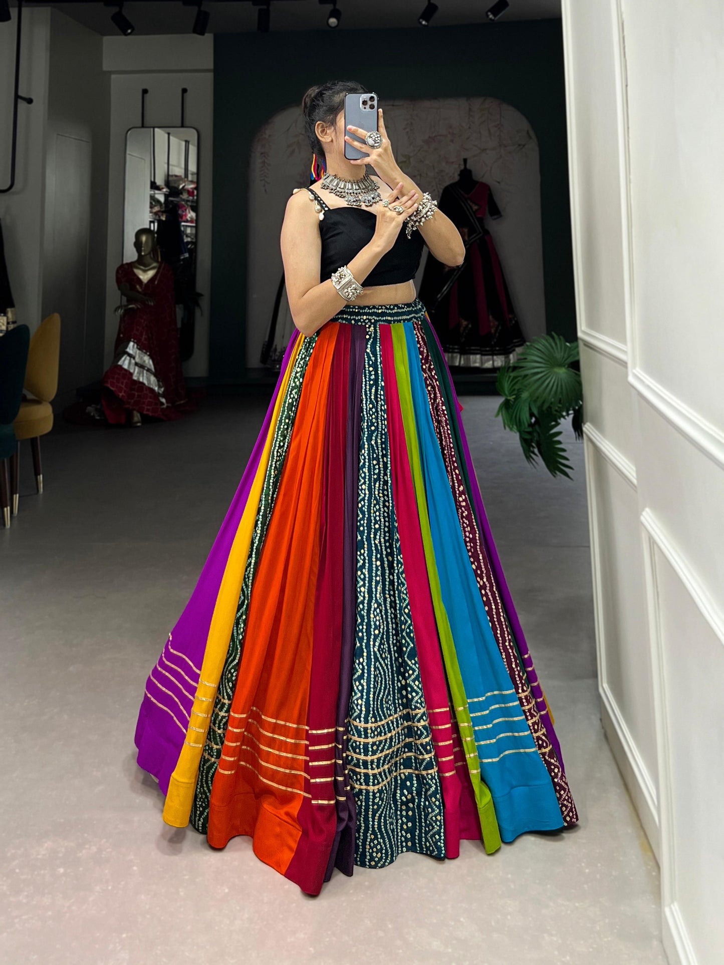 Lorenvalley Fashion Multicolor Pure Rayon Printed With Gota Patti Touch Up Lehenga Choli | Swadesiicart