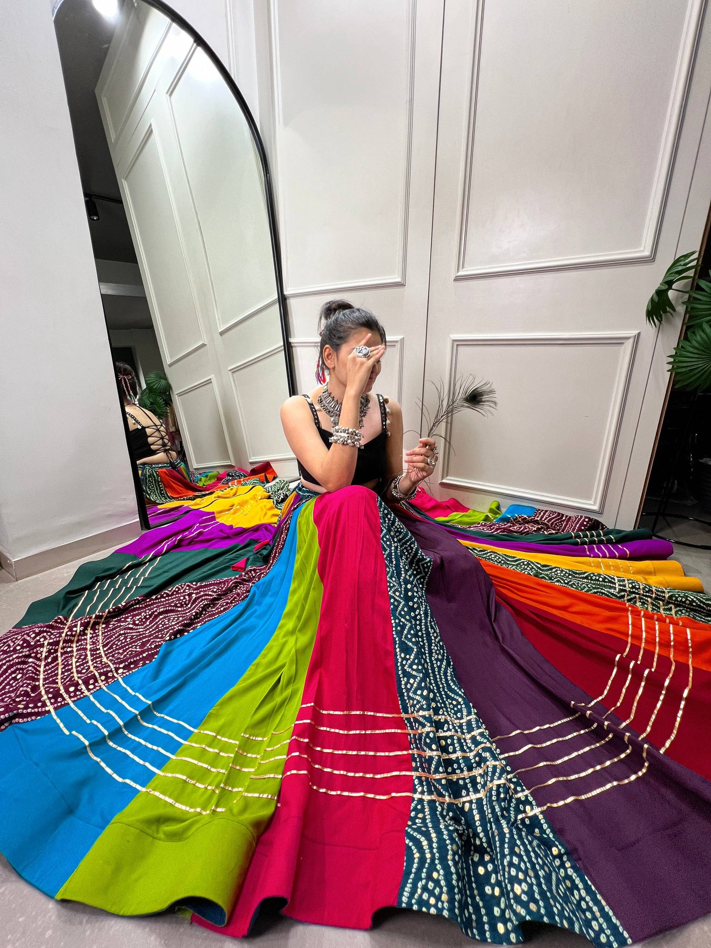 Lorenvalley Fashion Multicolor Pure Rayon Printed With Gota Patti Touch Up Lehenga Choli | Swadesiicart