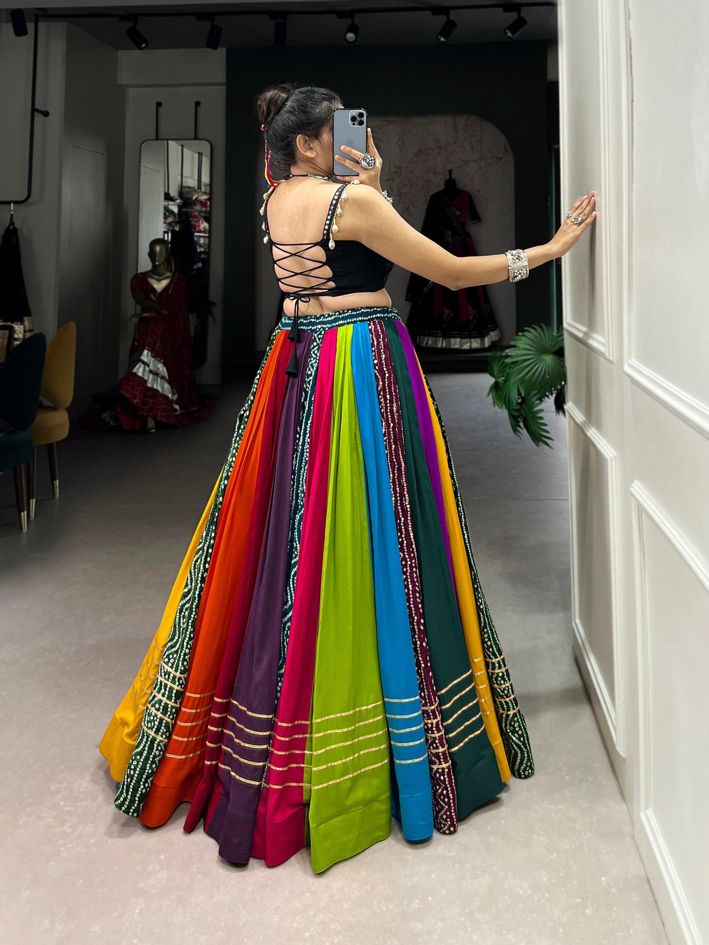 Lorenvalley Fashion Multicolor Pure Rayon Printed With Gota Patti Touch Up Lehenga Choli | Swadesiicart
