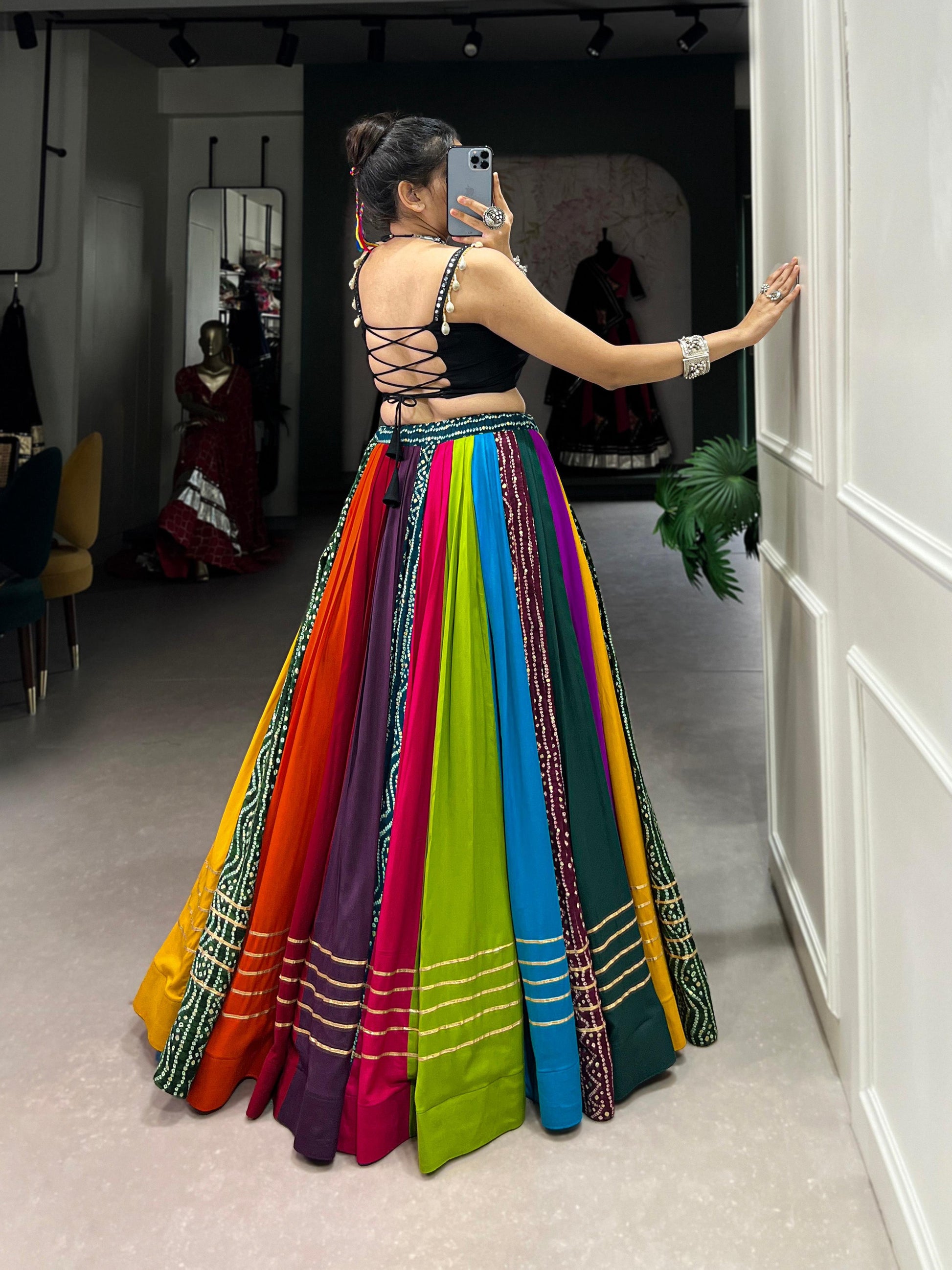 Lorenvalley Fashion Multicolor Pure Rayon Printed With Gota Patti Touch Up Lehenga Choli | Swadesiicart