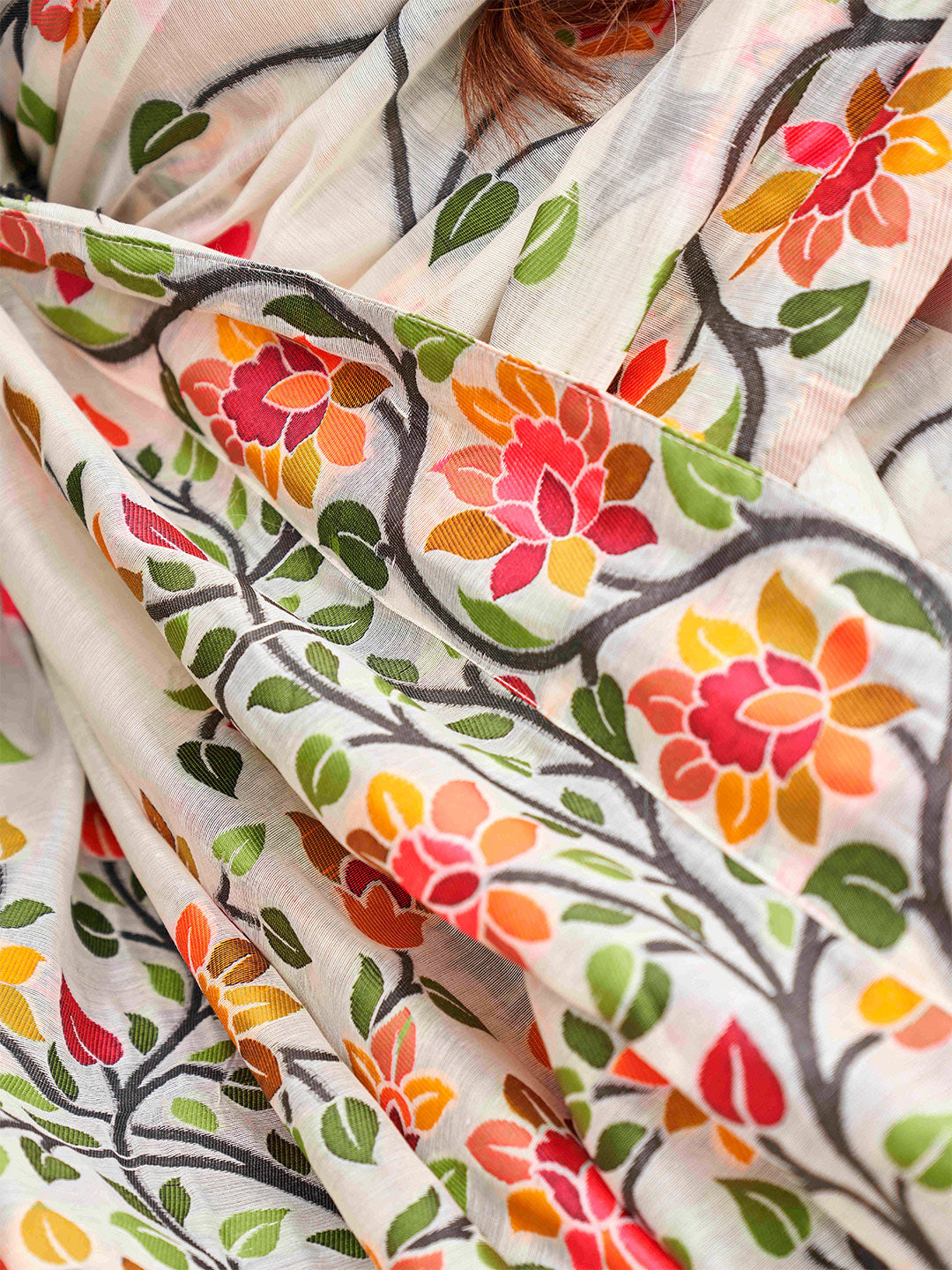 Tikhi Imli White Floral Woven Design Saree | Swadesiicart