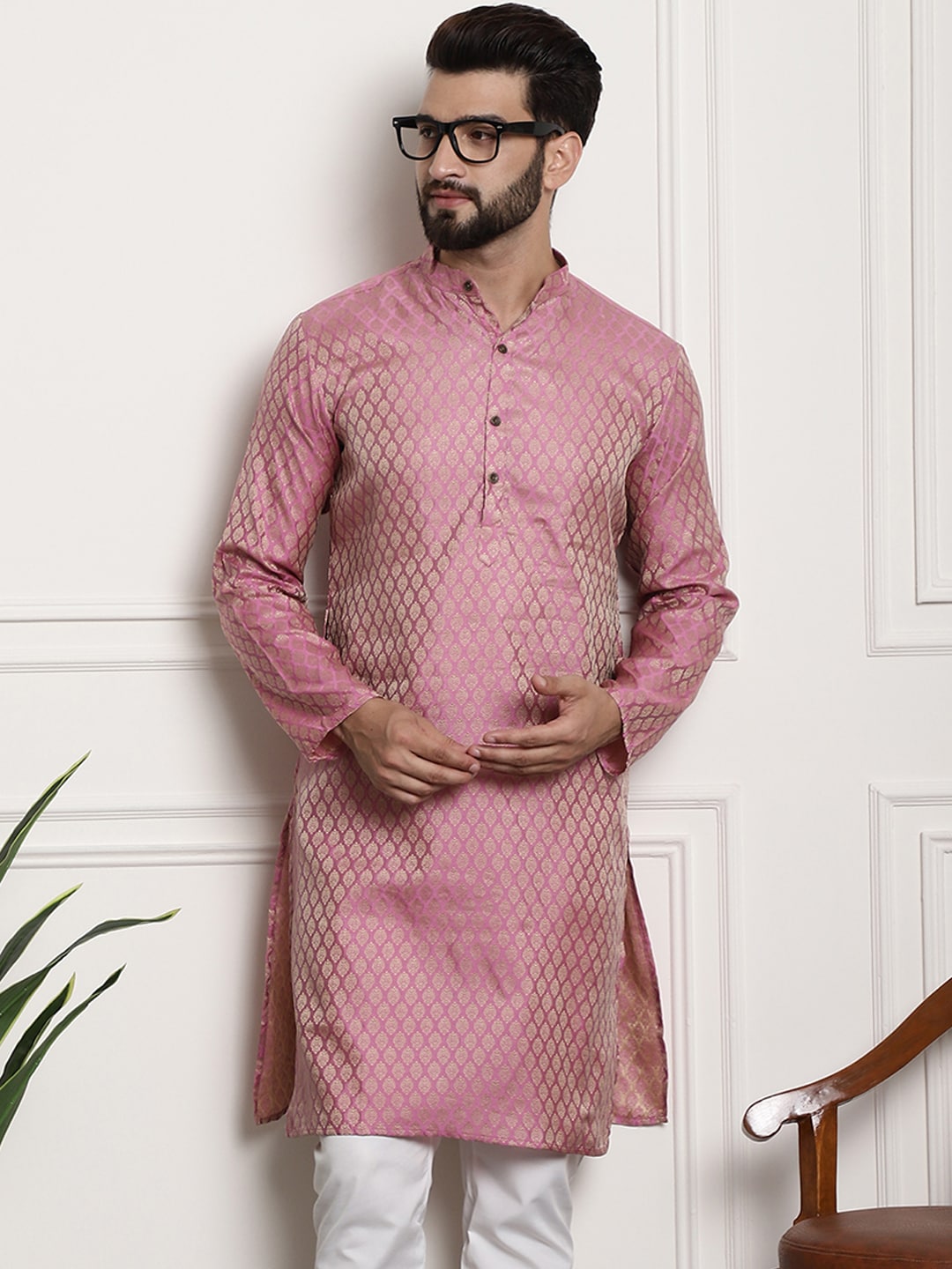 Sojanya Men Pink & Beige Ethnic Motifs Jacquard Woven Design Straight Kurta | Swadesiicart