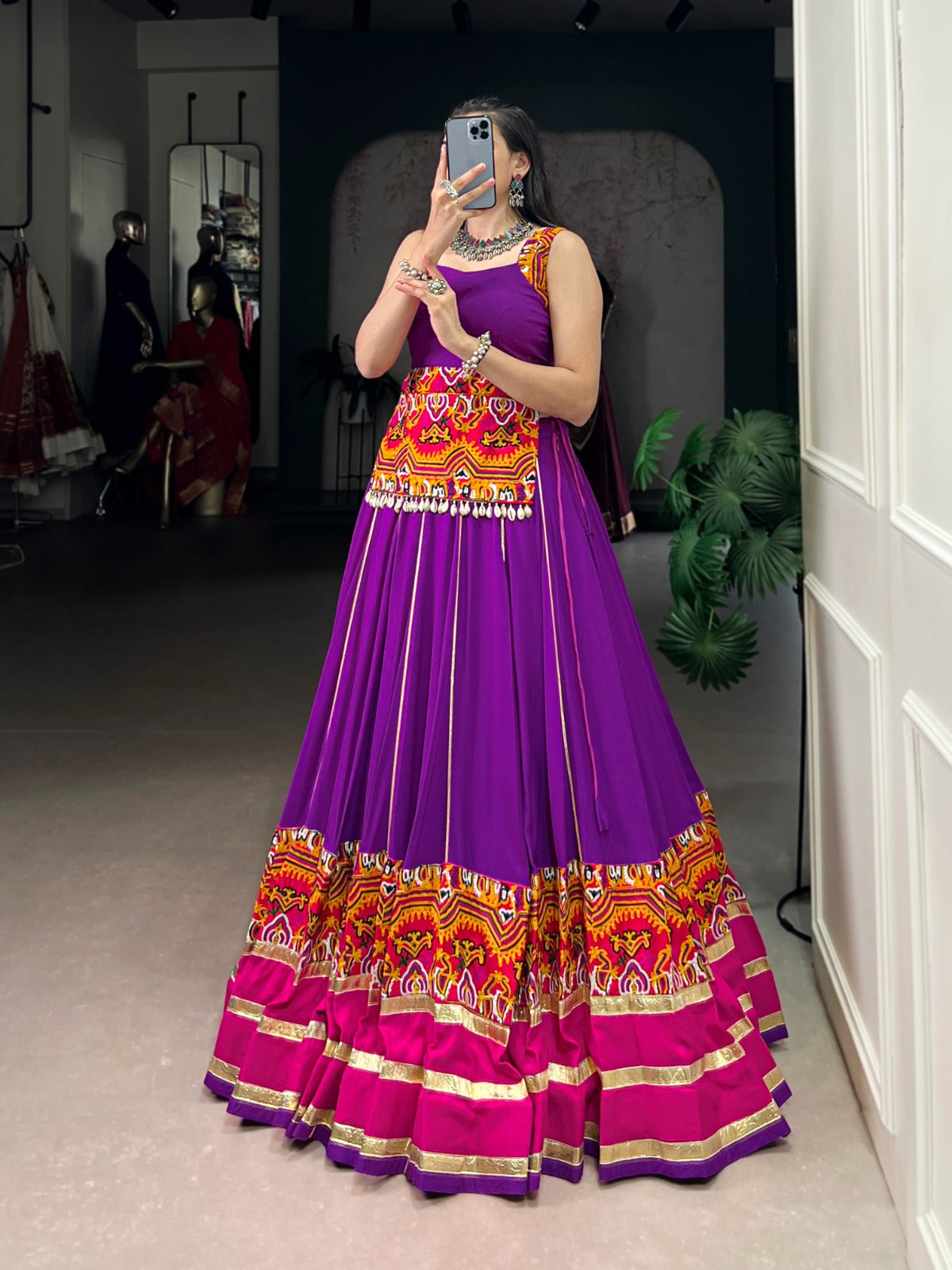 Lorenvalley Fashion Purple Pure Rayon Gamthi Work And Embossed Design With Gota Patti Lace Touch Up Lehenga Choli - Swadesiicart