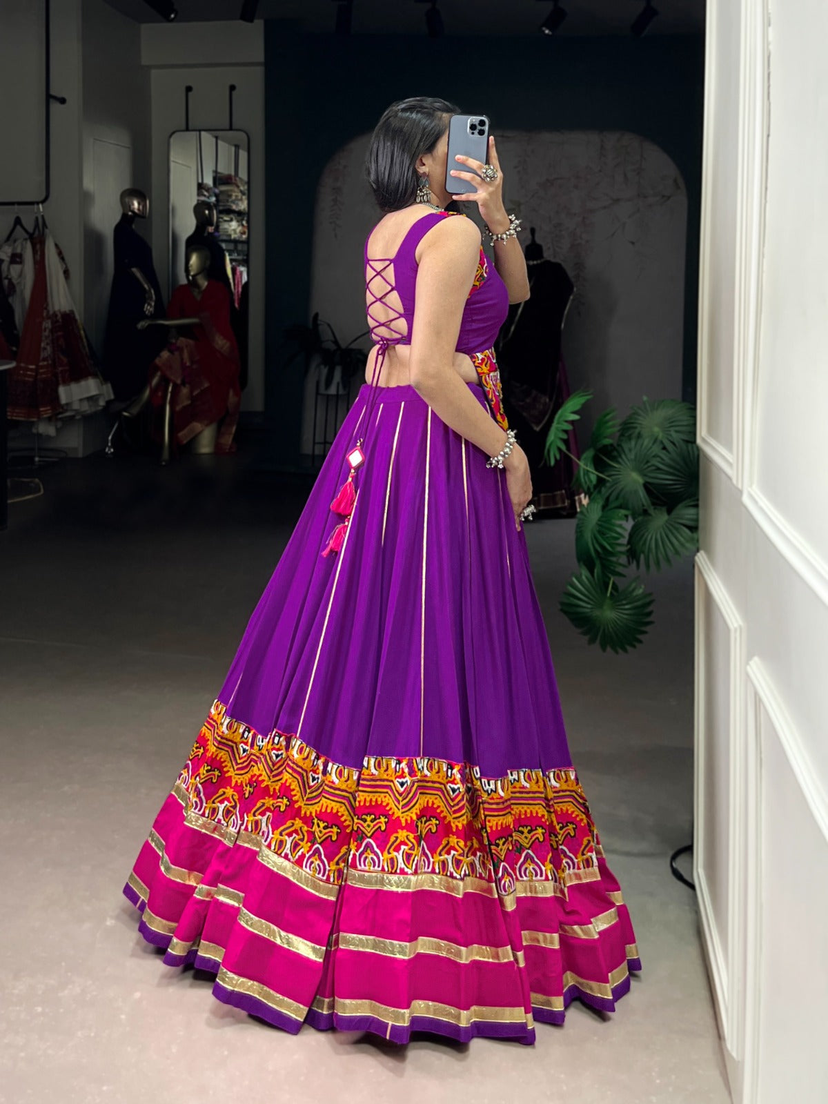 Lorenvalley Fashion Purple Pure Rayon Gamthi Work And Embossed Design With Gota Patti Lace Touch Up Lehenga Choli - Swadesiicart