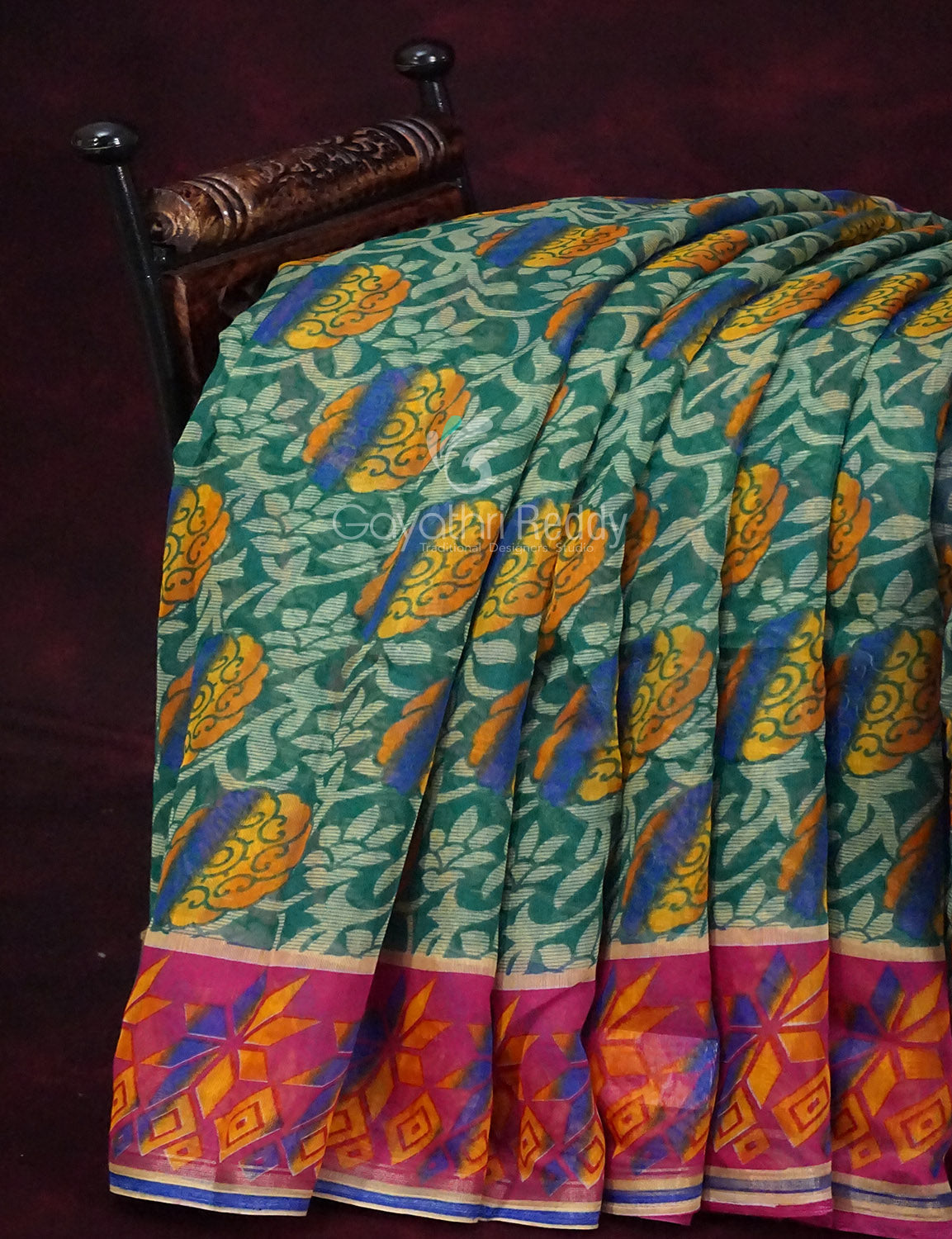 Rama Green Printed Semi Chanderi Saree By Gayathri Reddy Designer Studio | Swadesiicart