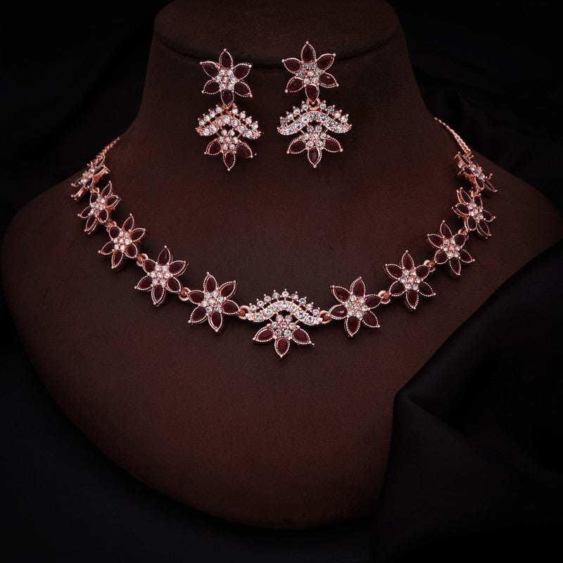 Tehzeeb Creations Maroon Colour Star Design Stone Studded Necklace With Earrings - Swadesiicart