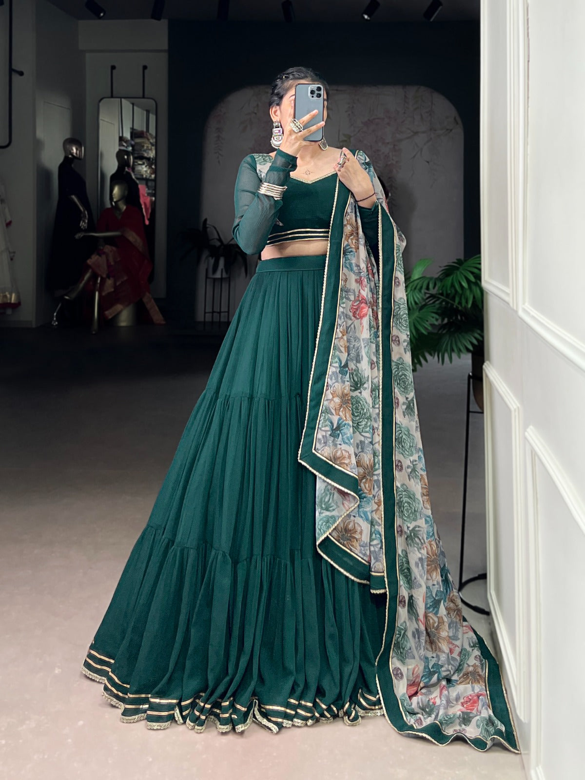 Lorenvalley Fashion Green Marble Lace Touch Up Lehenga Choli with Dupatta | Swadesiicart