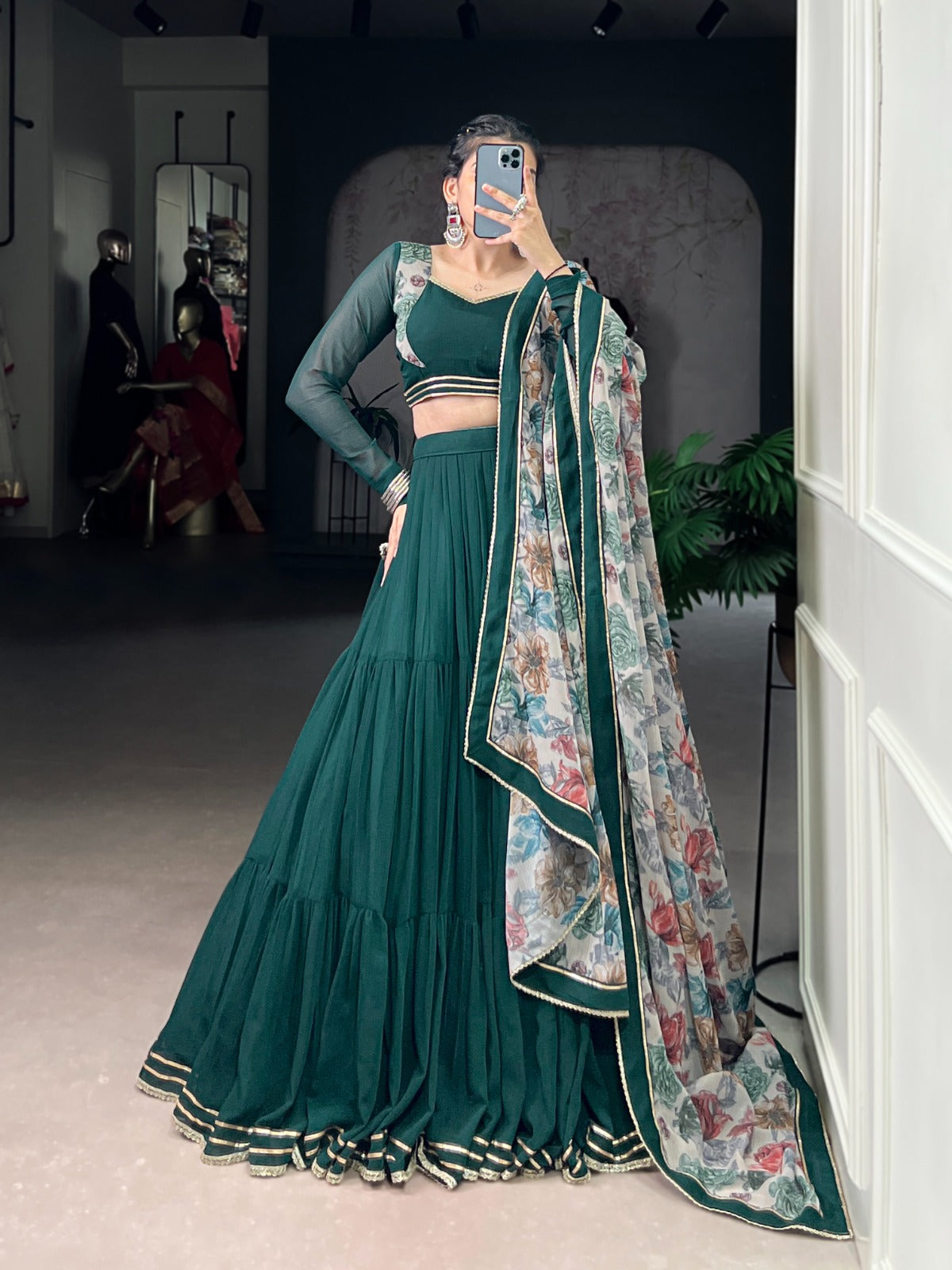 Lorenvalley Fashion Green Marble Lace Touch Up Lehenga Choli with Dupatta | Swadesiicart
