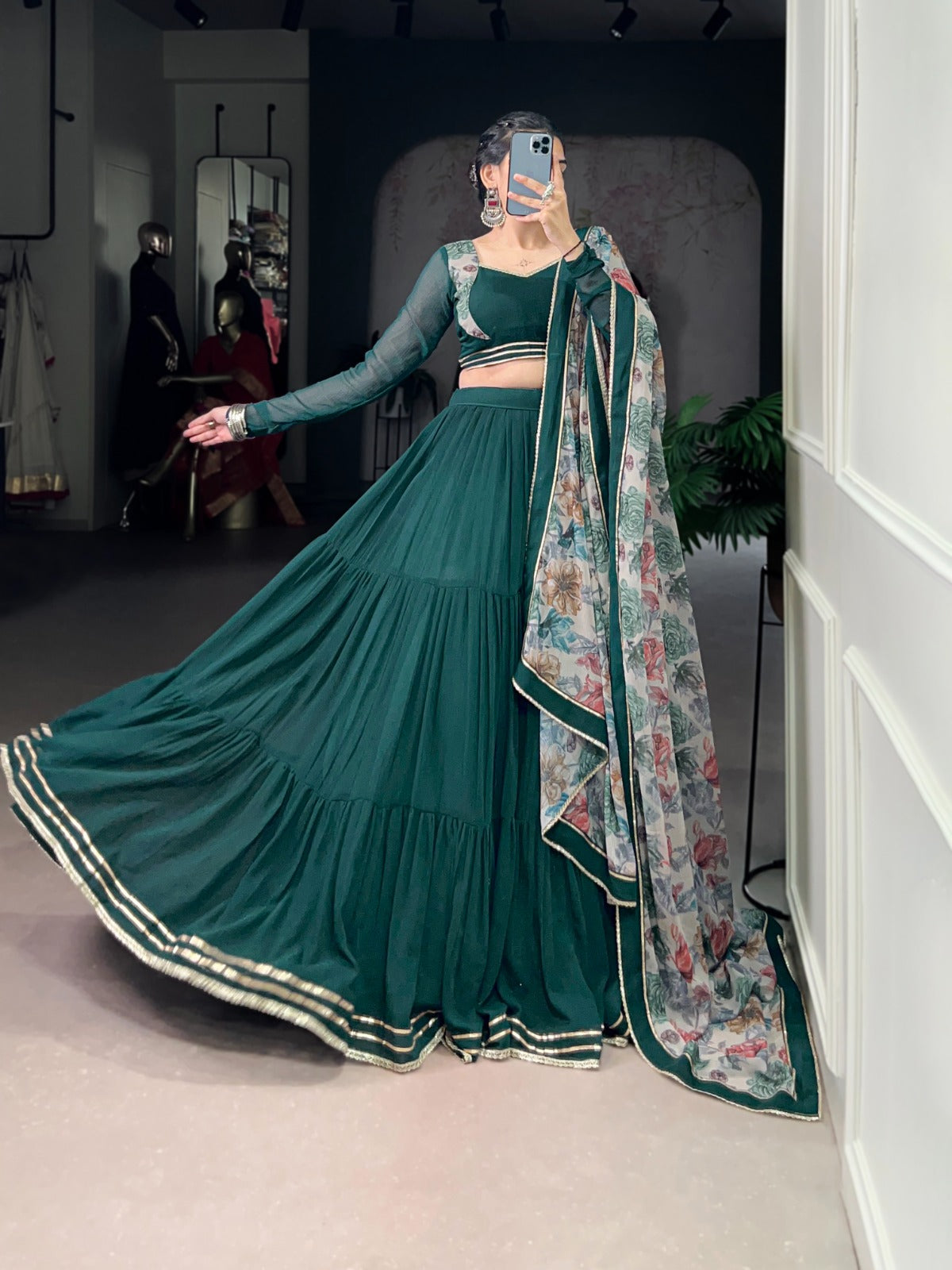 Lorenvalley Fashion Green Marble Lace Touch Up Lehenga Choli with Dupatta | Swadesiicart
