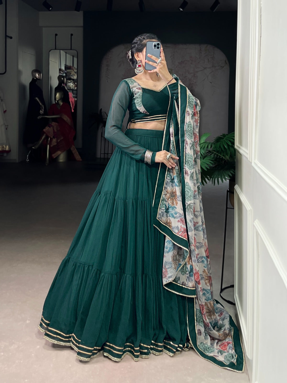 Lorenvalley Fashion Green Marble Lace Touch Up Lehenga Choli with Dupatta | Swadesiicart