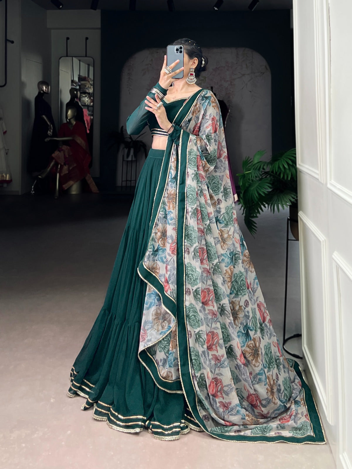 Lorenvalley Fashion Green Marble Lace Touch Up Lehenga Choli with Dupatta | Swadesiicart