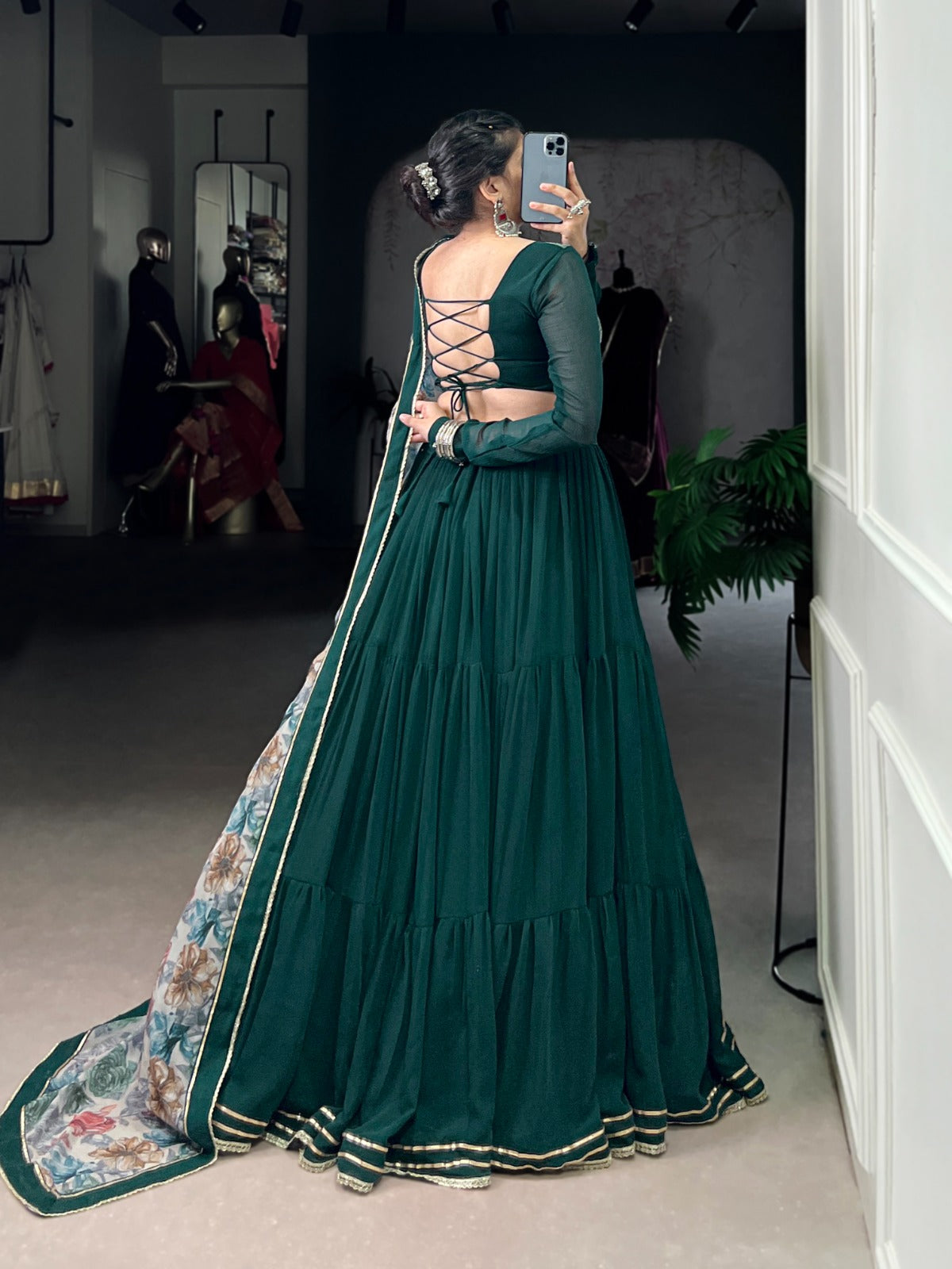 Lorenvalley Fashion Green Marble Lace Touch Up Lehenga Choli with Dupatta | Swadesiicart