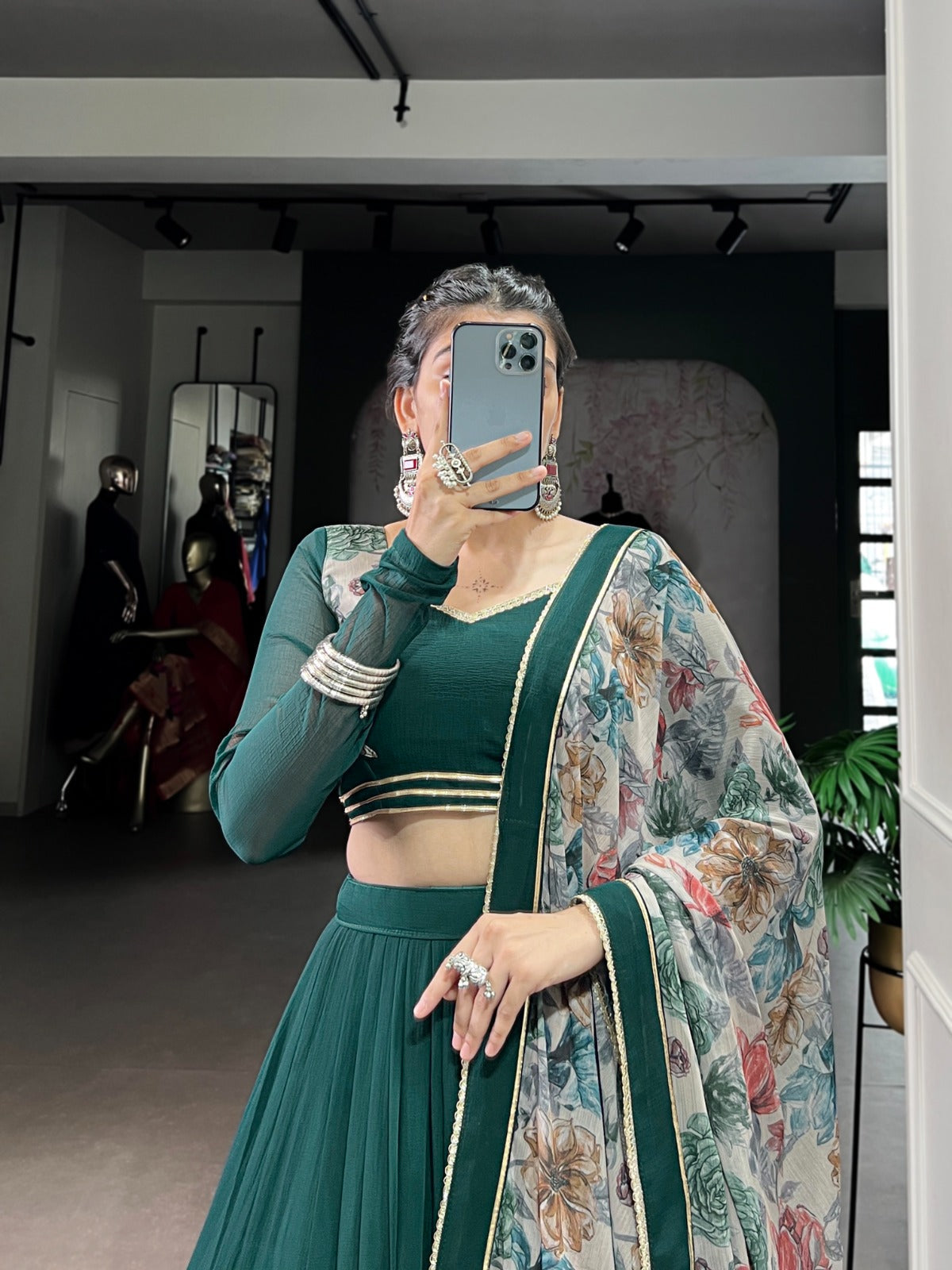 Lorenvalley Fashion Green Marble Lace Touch Up Lehenga Choli with Dupatta | Swadesiicart