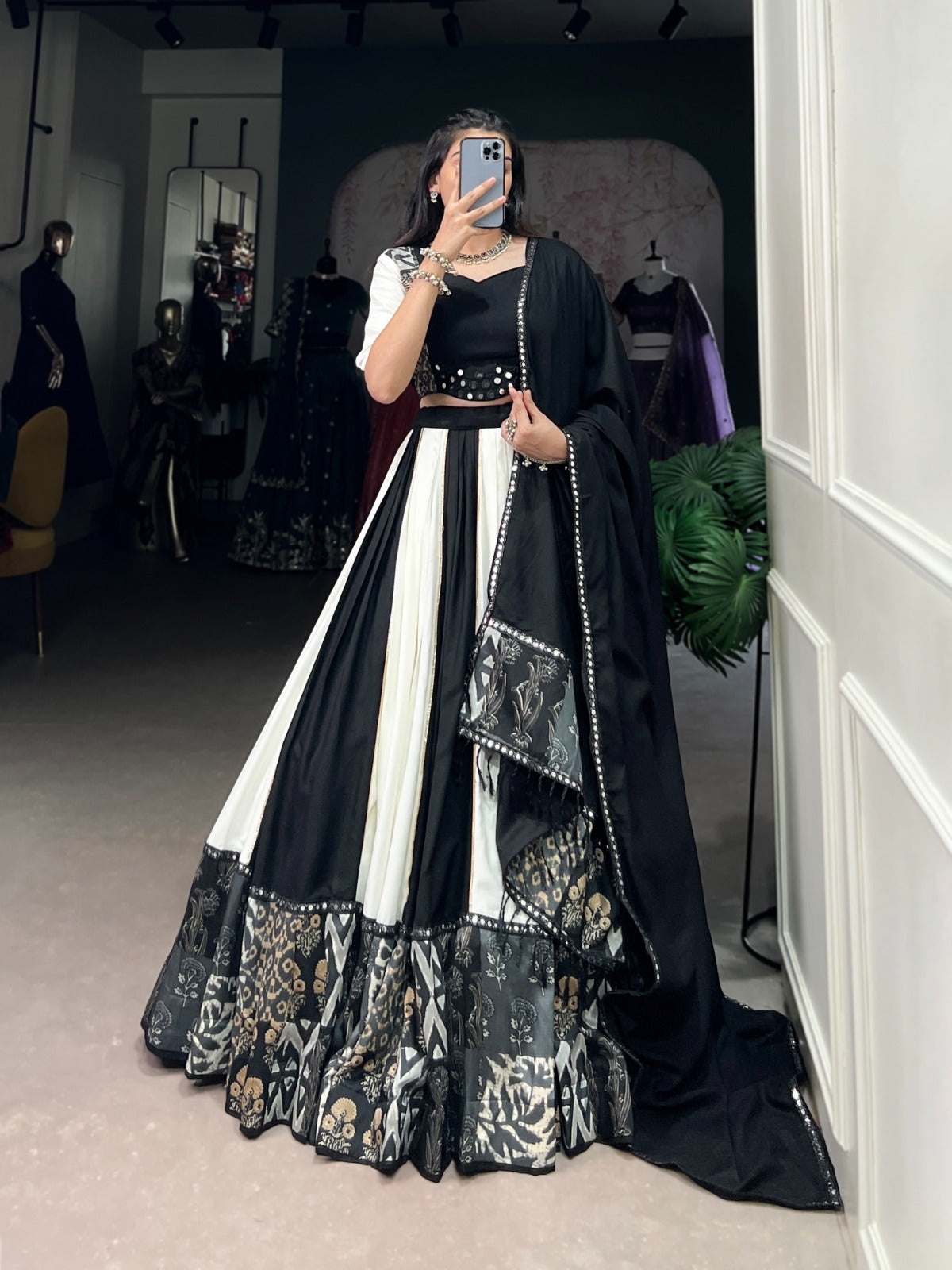 Lorenvalley Black Pure Rayon with Plain And Printed With Paper Mirror Work Lace And Gota Patti Touch Up Lehenga Choli | Swadesiicart
