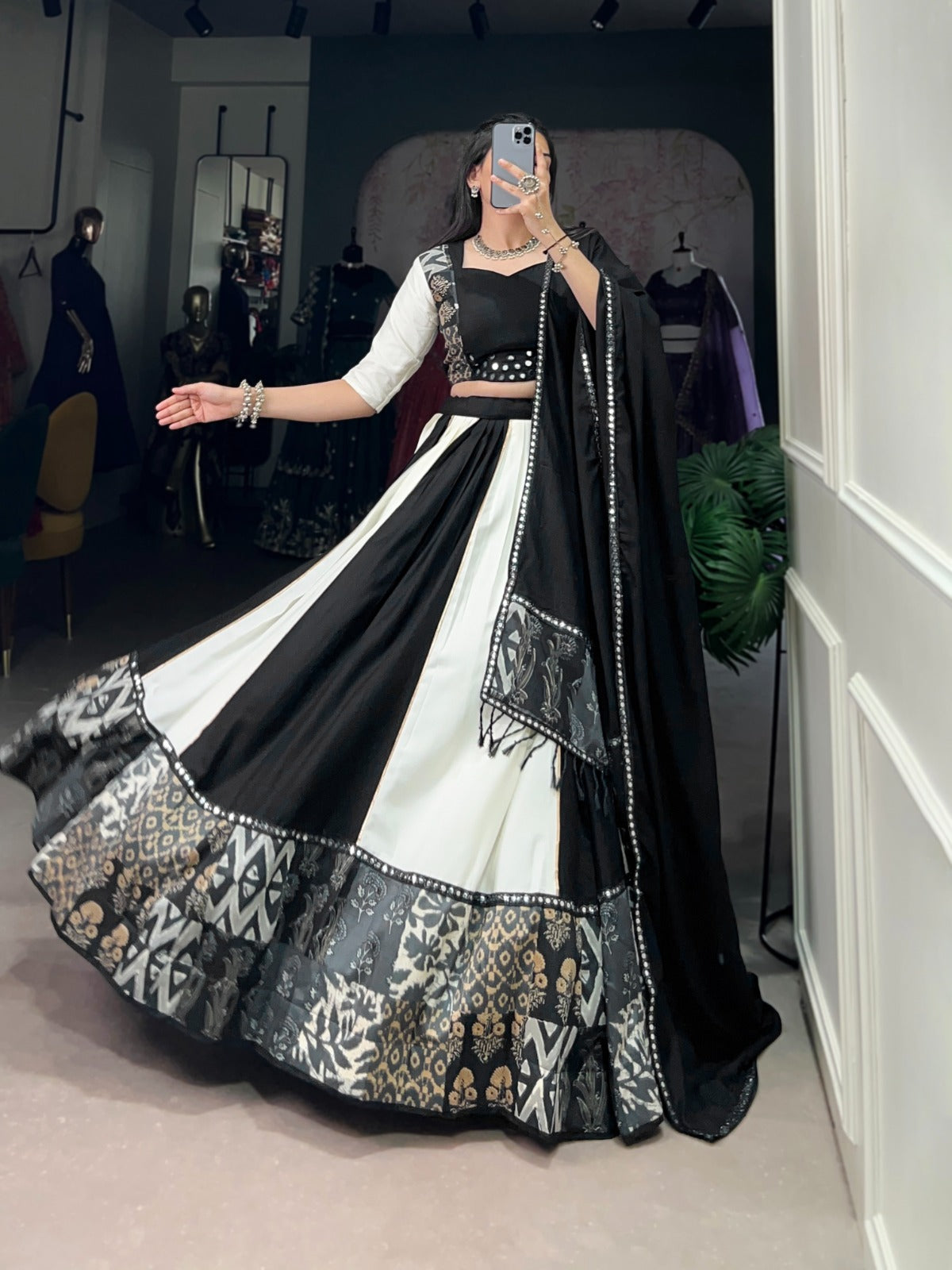 Lorenvalley Black Pure Rayon with Plain And Printed With Paper Mirror Work Lace And Gota Patti Touch Up Lehenga Choli | Swadesiicart