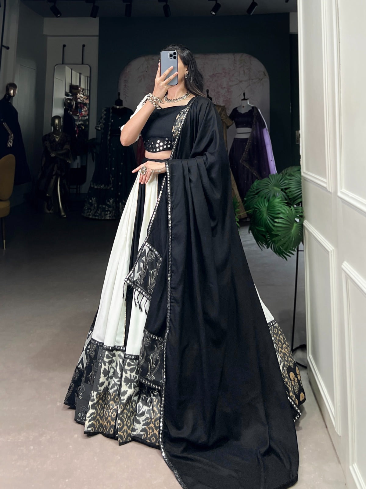 Lorenvalley Black Pure Rayon with Plain And Printed With Paper Mirror Work Lace And Gota Patti Touch Up Lehenga Choli | Swadesiicart
