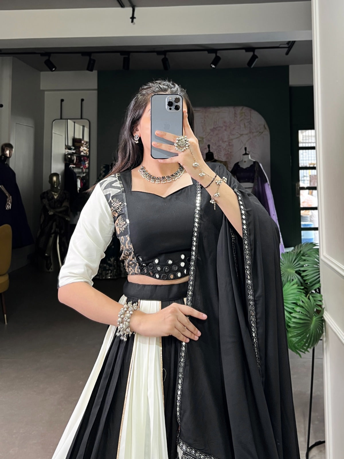 Lorenvalley Black Pure Rayon with Plain And Printed With Paper Mirror Work Lace And Gota Patti Touch Up Lehenga Choli | Swadesiicart