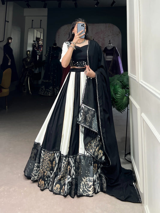 Lorenvalley Black Pure Rayon with Plain And Printed With Paper Mirror Work Lace And Gota Patti Touch Up Lehenga Choli | Swadesiicart
