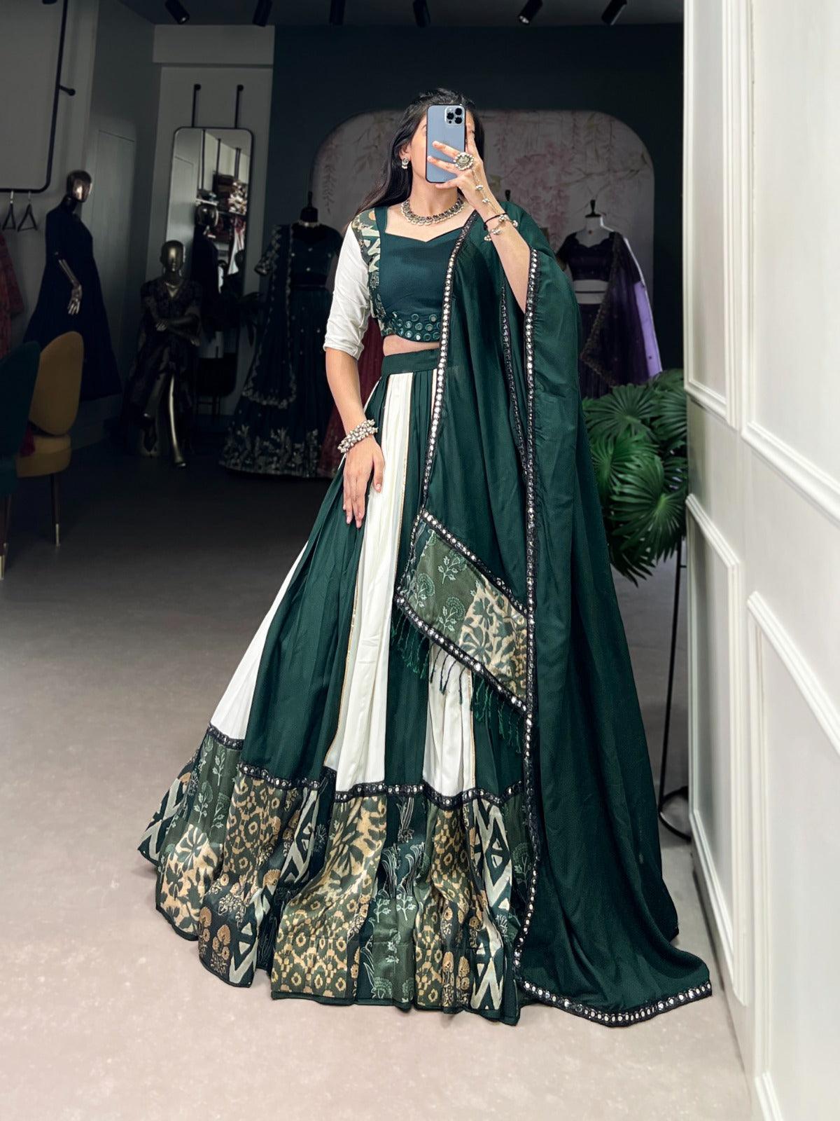 Lorenvalley Green Pure Rayon with Plain And Printed With Paper Mirror Work Lace And Gota Patti Touch Up Lehenga Choli | Swadesiicart