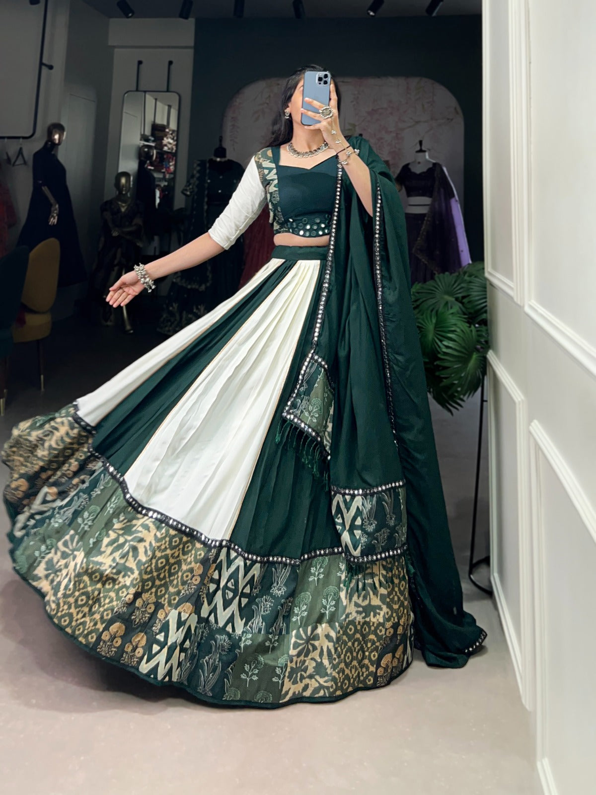 Lorenvalley Green Pure Rayon with Plain And Printed With Paper Mirror Work Lace And Gota Patti Touch Up Lehenga Choli | Swadesiicart