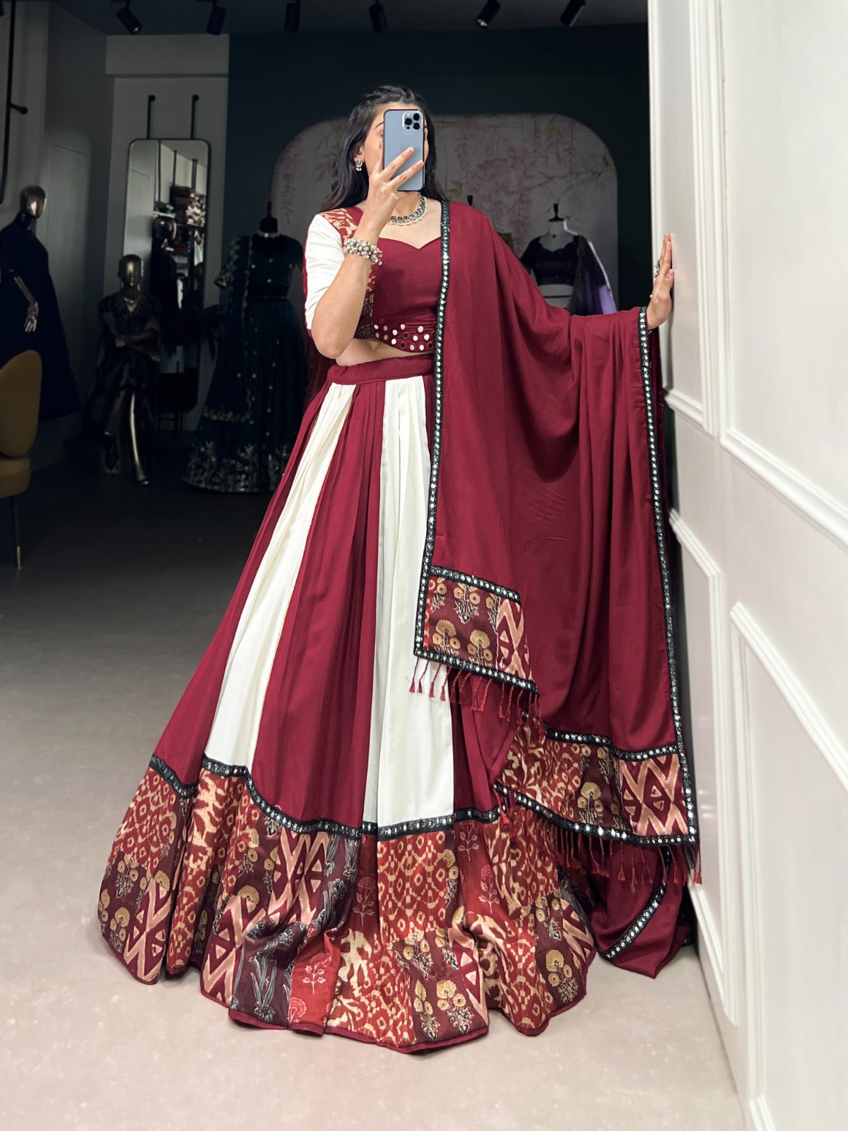 Lorenvalley Maroon Pure Rayon with Plain And Printed With Paper Mirror Work Lace And Gota Patti Touch Up Lehenga Choli | Swadesiicart
