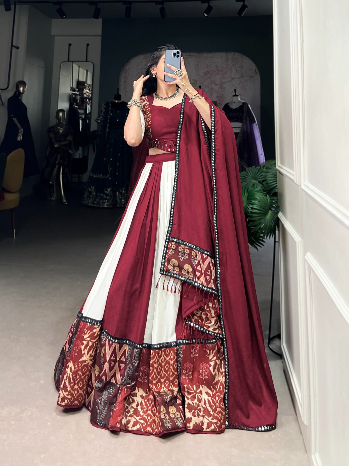 Lorenvalley Maroon Pure Rayon with Plain And Printed With Paper Mirror Work Lace And Gota Patti Touch Up Lehenga Choli | Swadesiicart