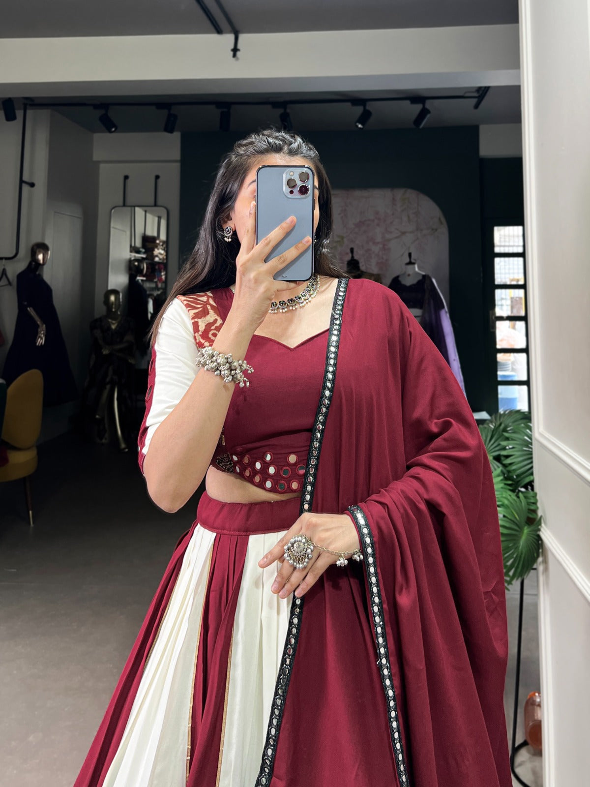 Lorenvalley Maroon Pure Rayon with Plain And Printed With Paper Mirror Work Lace And Gota Patti Touch Up Lehenga Choli | Swadesiicart
