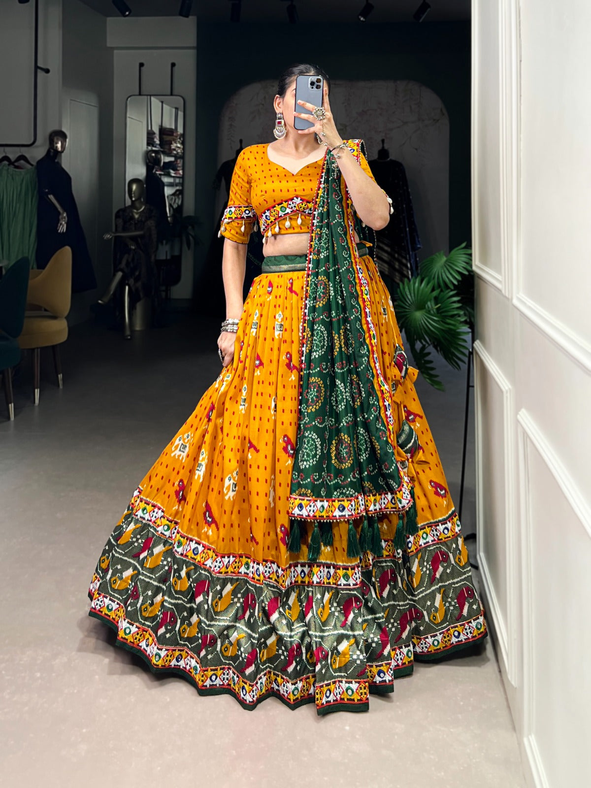Lorenvalley Mustard Tussar Silk Patola Print with Gamthi Work Lace and Foil Work Lehenga Choli with Dupatta | Swadesiicart
