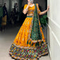 Lorenvalley Mustard Tussar Silk Patola Print with Gamthi Work Lace and Foil Work Lehenga Choli with Dupatta | Swadesiicart