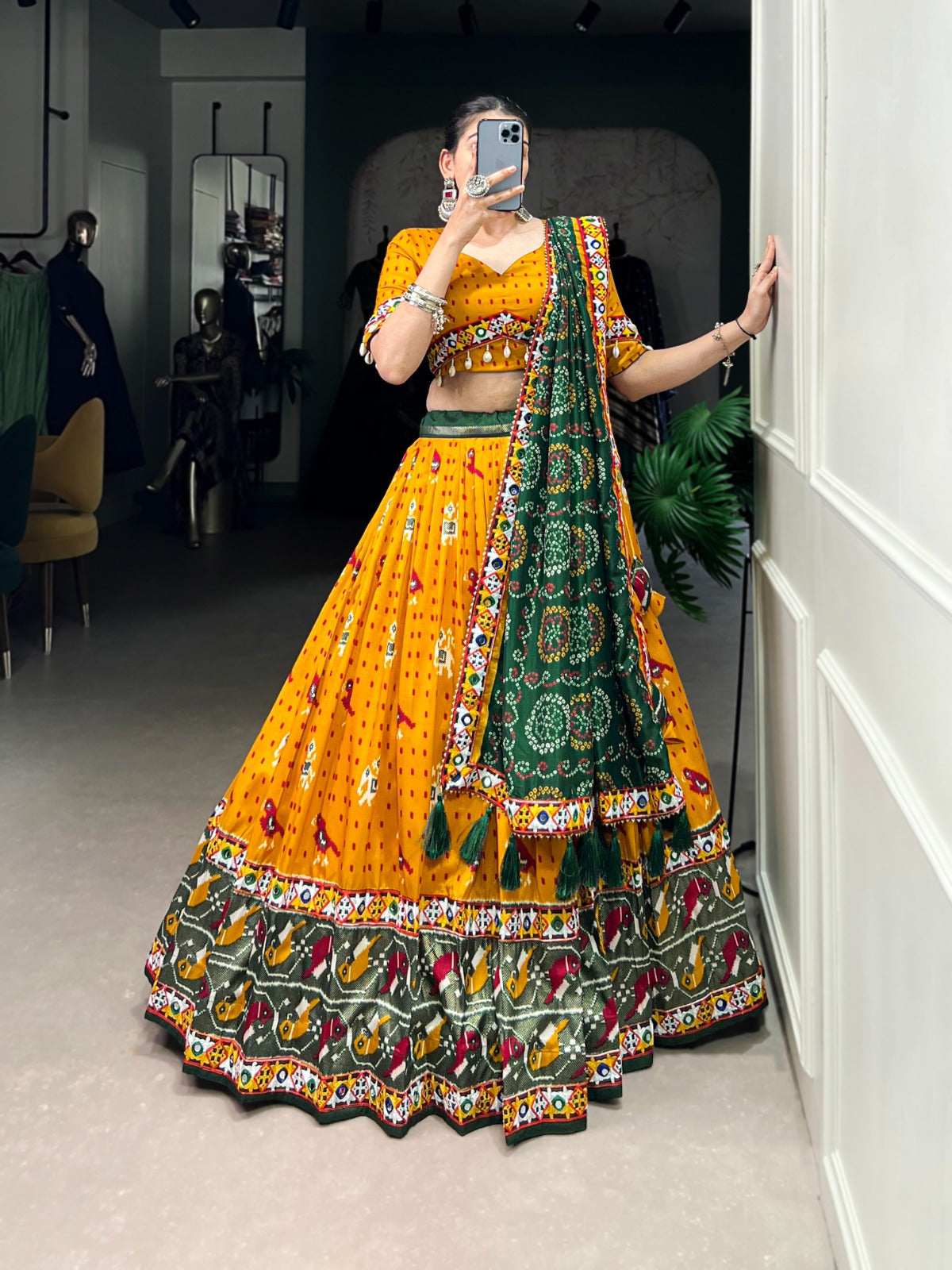Lorenvalley Mustard Tussar Silk Patola Print with Gamthi Work Lace and Foil Work Lehenga Choli with Dupatta | Swadesiicart