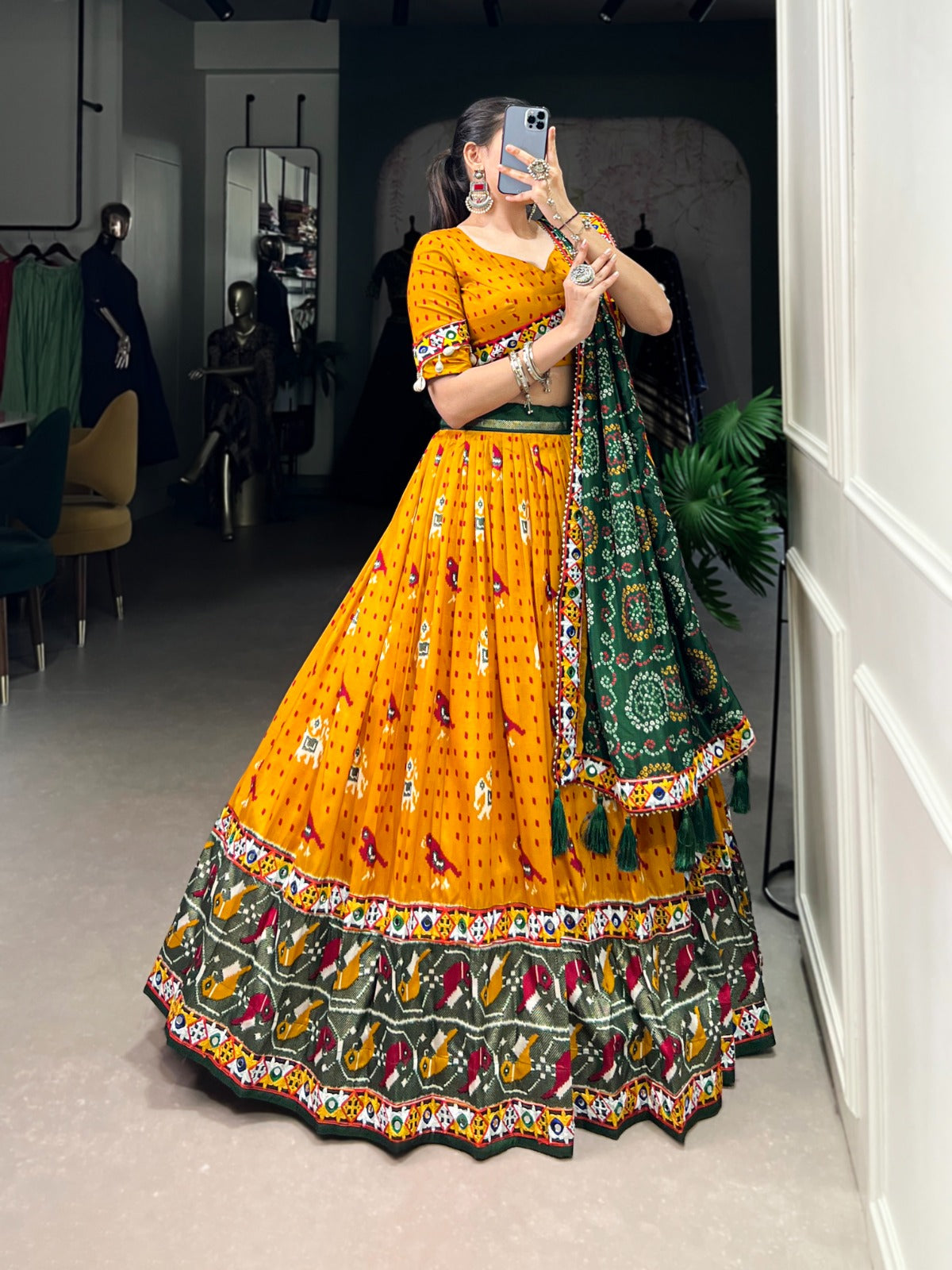 Lorenvalley Mustard Tussar Silk Patola Print with Gamthi Work Lace and Foil Work Lehenga Choli with Dupatta | Swadesiicart