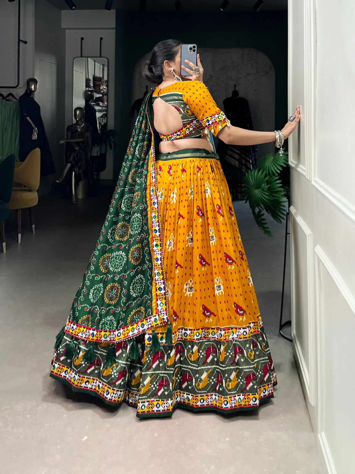 Lorenvalley Mustard Tussar Silk Patola Print with Gamthi Work Lace and Foil Work Lehenga Choli with Dupatta | Swadesiicart