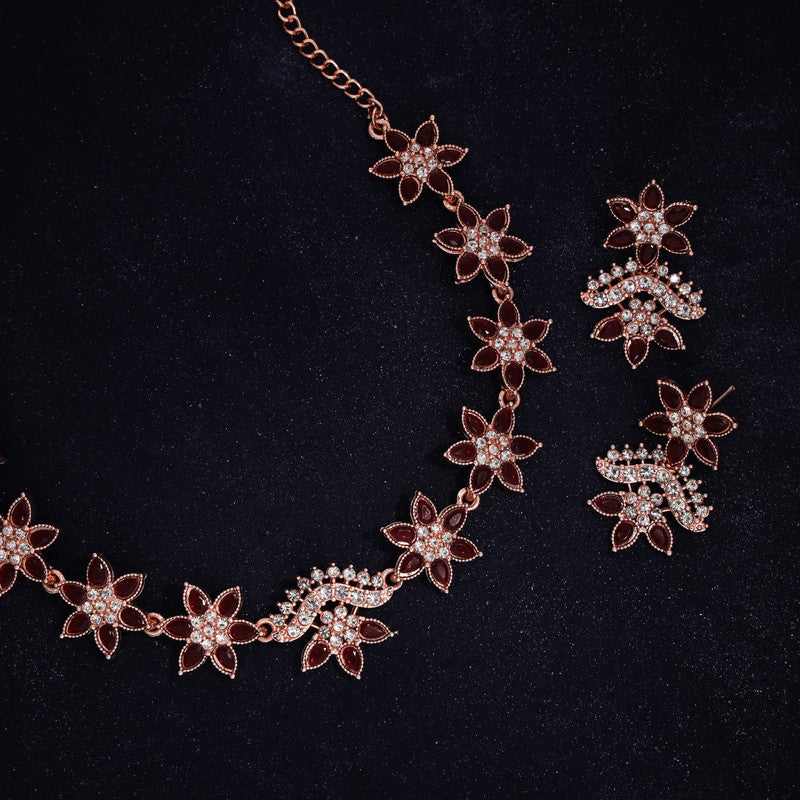 Tehzeeb Creations Maroon Colour Star Design Stone Studded Necklace With Earrings - Swadesiicart