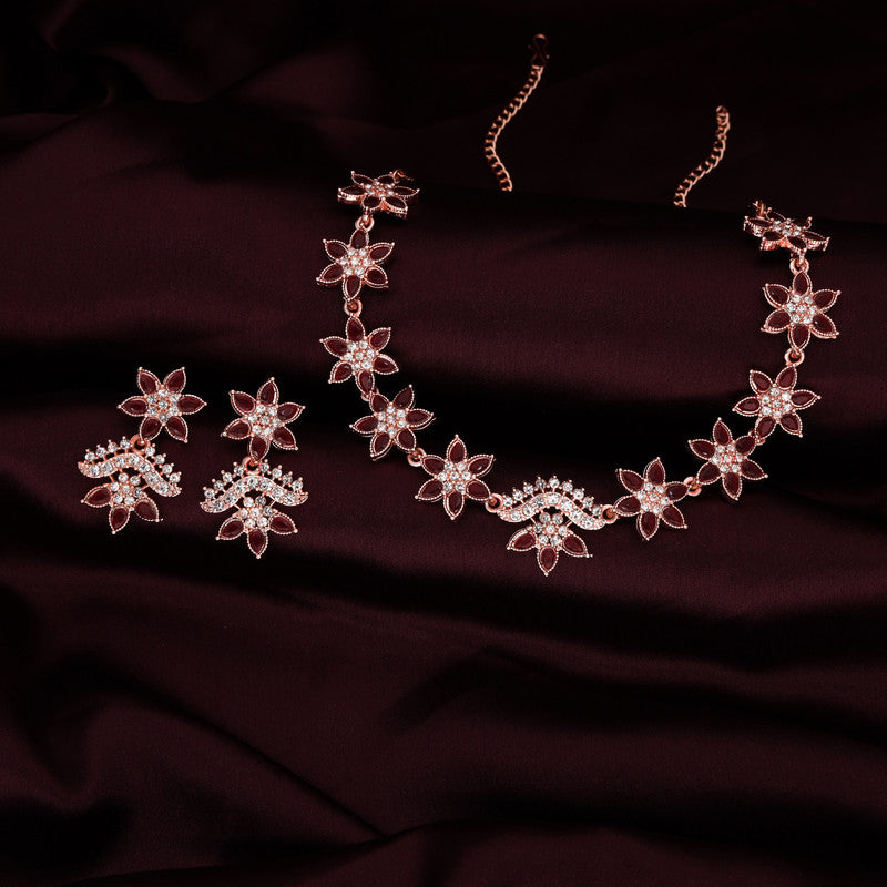 Tehzeeb Creations Maroon Colour Star Design Stone Studded Necklace With Earrings - Swadesiicart