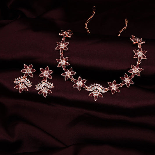 Tehzeeb Creations Maroon Colour Star Design Stone Studded Necklace With Earrings - Swadesiicart