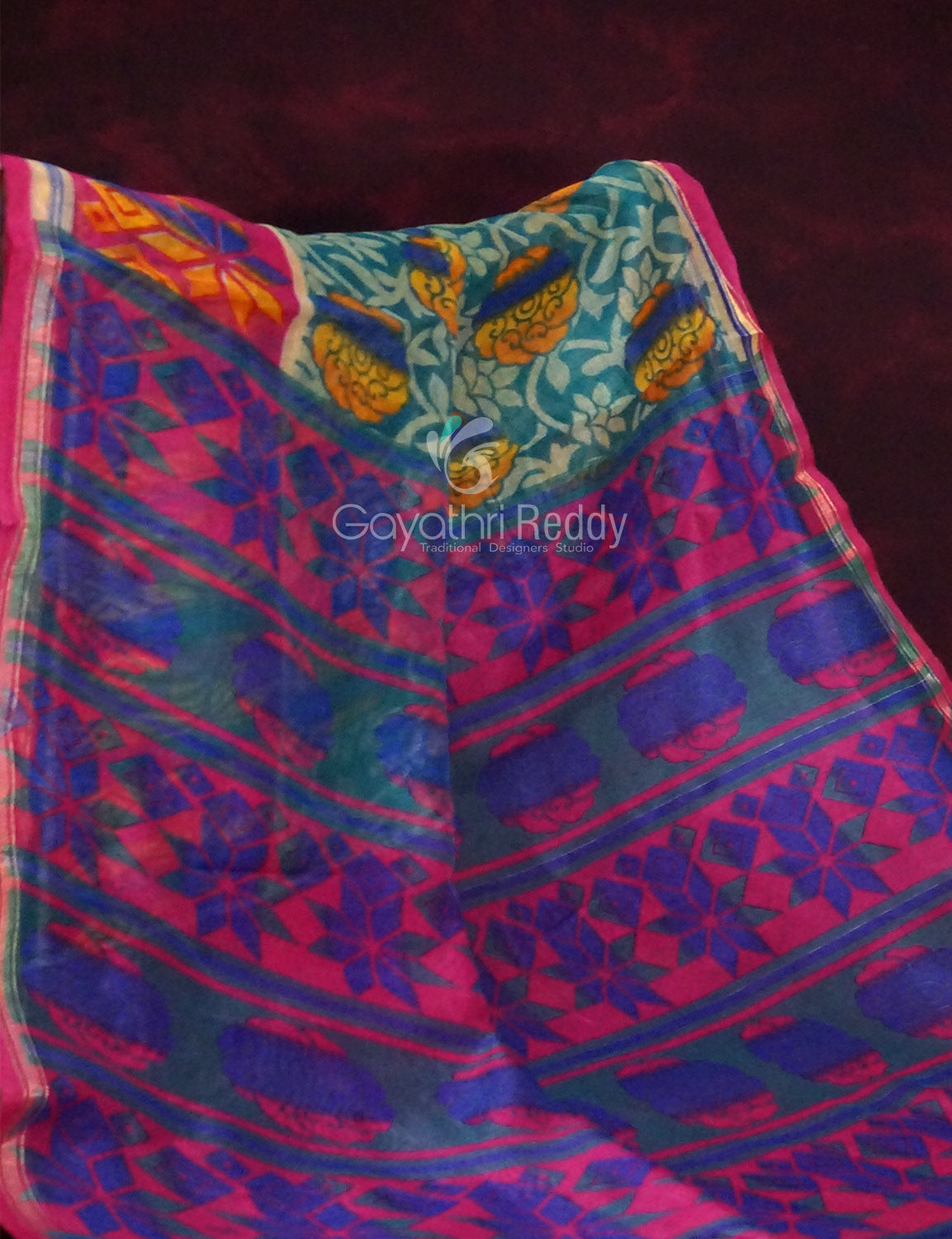 Rama Green Printed Semi Chanderi Saree By Gayathri Reddy Designer Studio | Swadesiicart