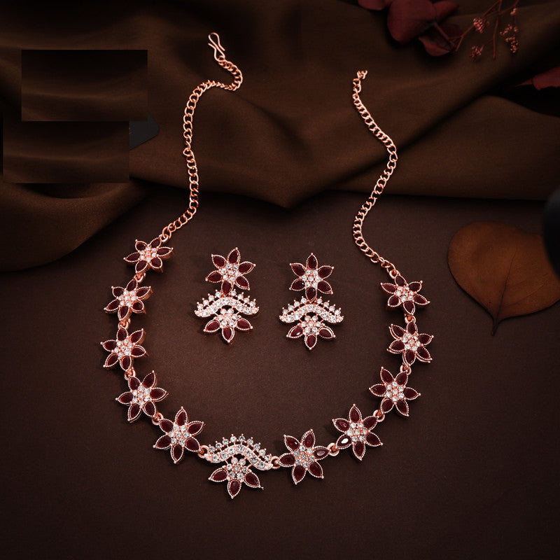 Tehzeeb Creations Maroon Colour Star Design Stone Studded Necklace With Earrings - Swadesiicart