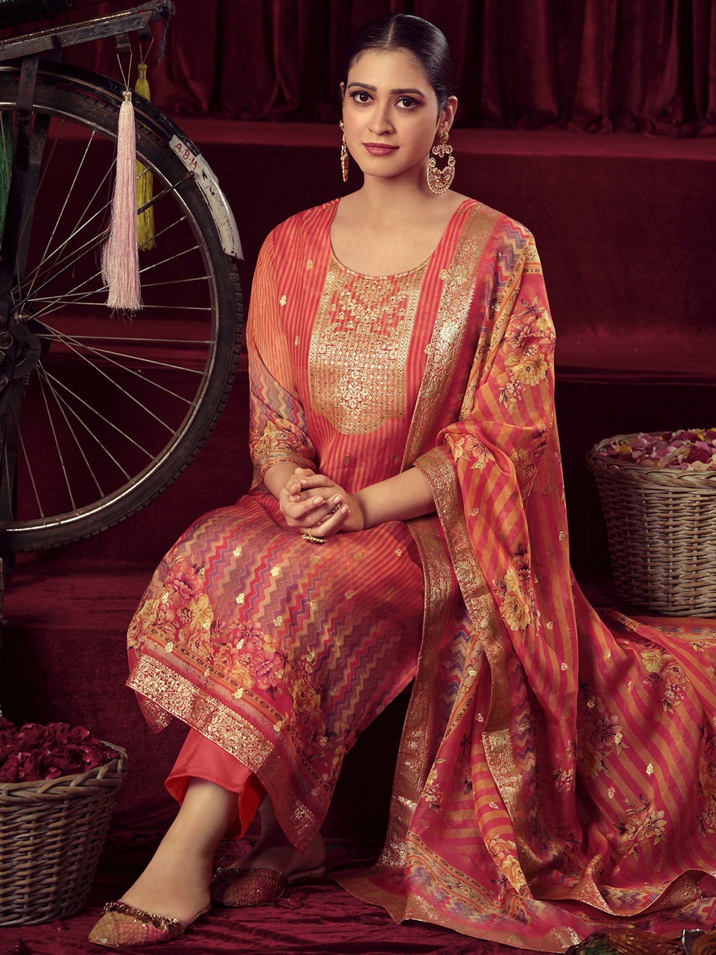 Jyoti Fashion Women's Orange Organza Jacquard Woven Kurta with Trouser & Dupatta | Swadesiicart