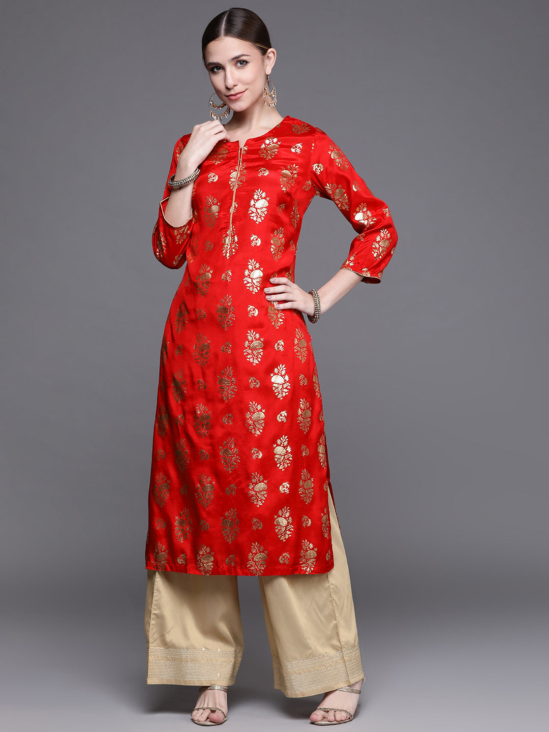 Biba Women Red Floral Foil Printed Kurta - Swadesiicart