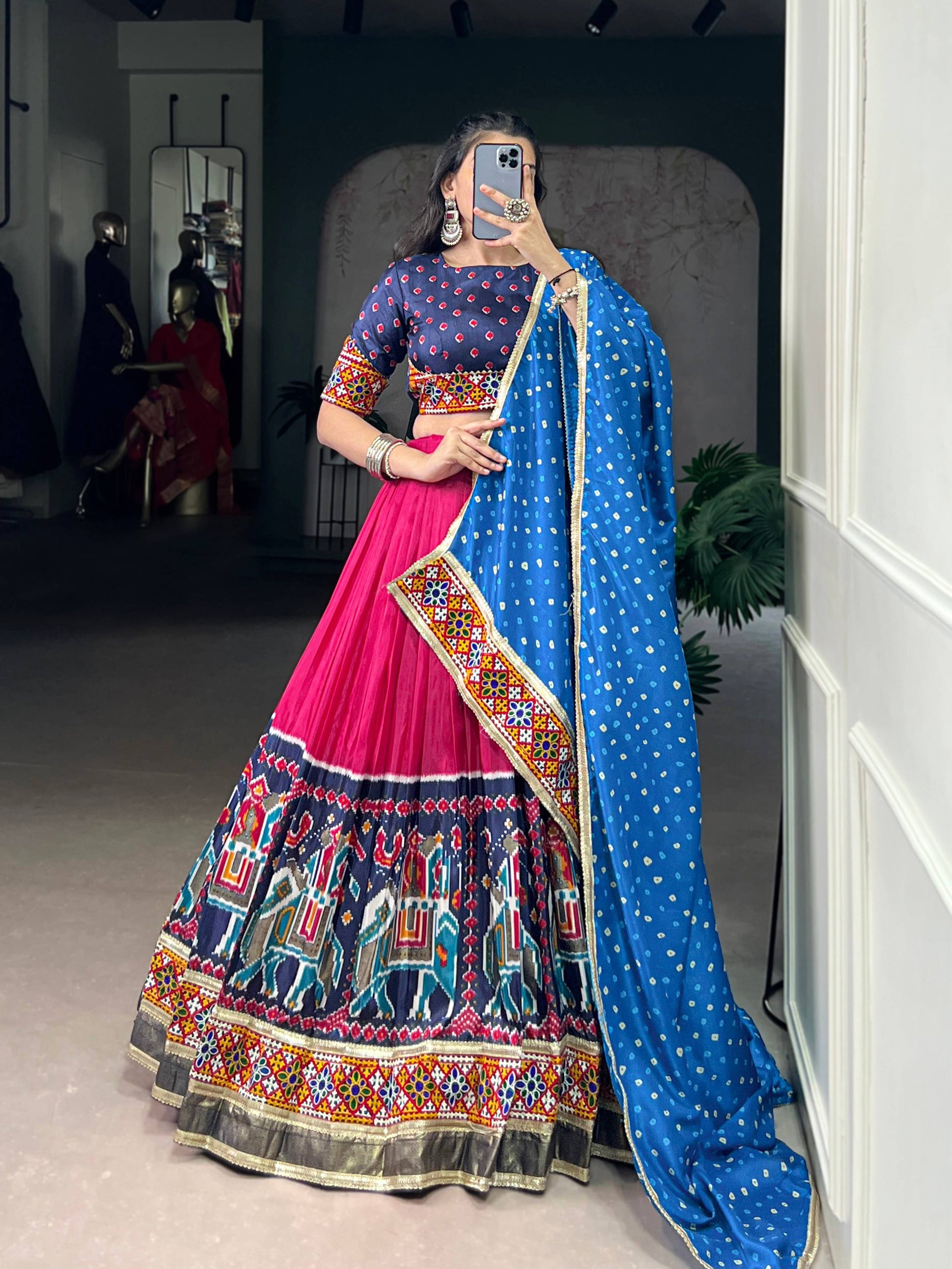 Lorenvalley Fashion Pink Tasar Silk Print with Foil Work and Real Mirror Gamthi Work with Lace Touch Up Lehenga Choli with Dupatta | Swadesiicart